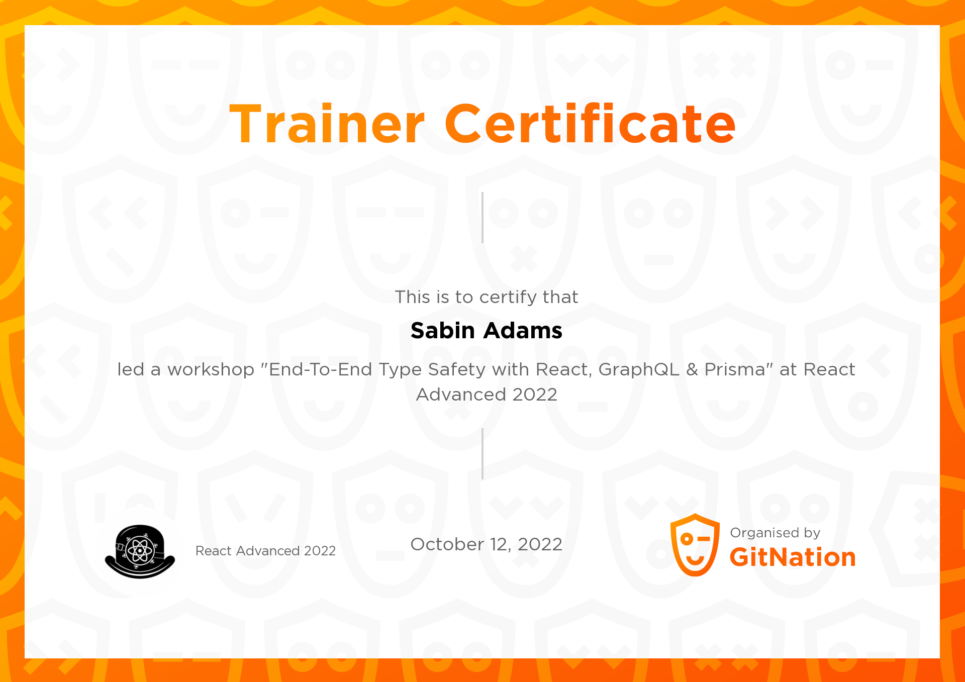 Sabin Adams's Certificate from React Advanced