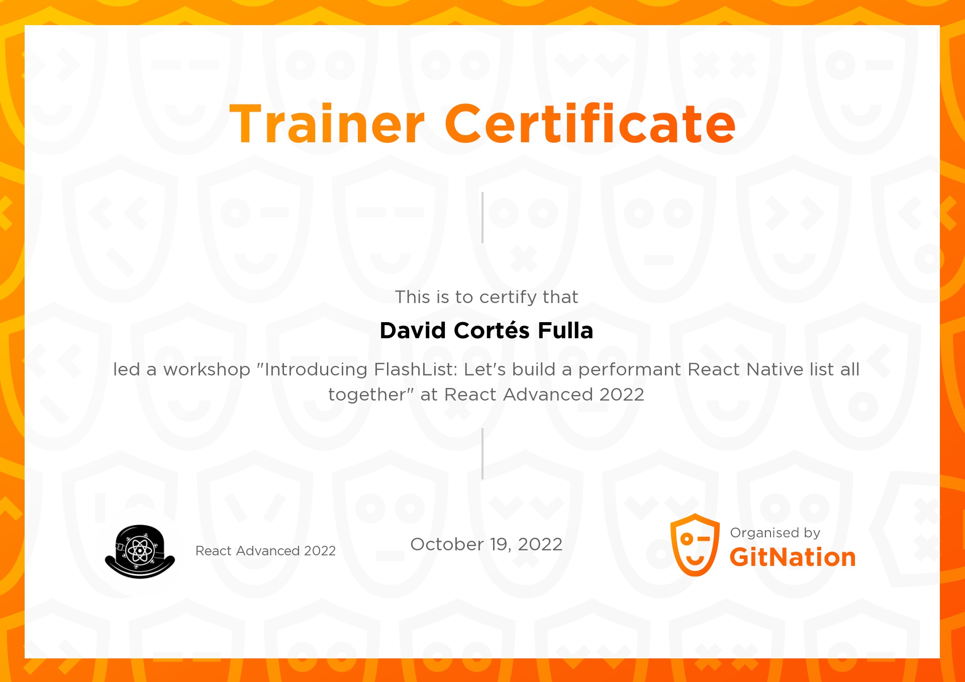 David Cortés Fulla's Certificate from React Advanced