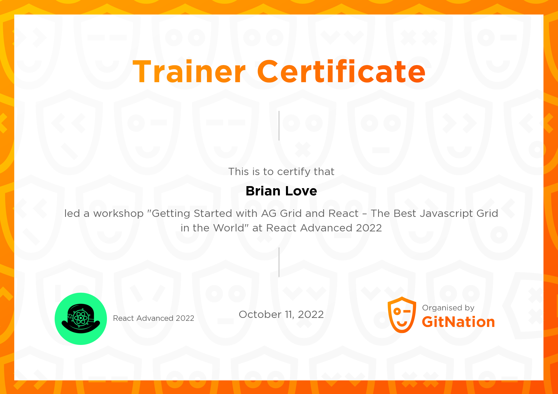 Brian Love's Certificate from React Advanced