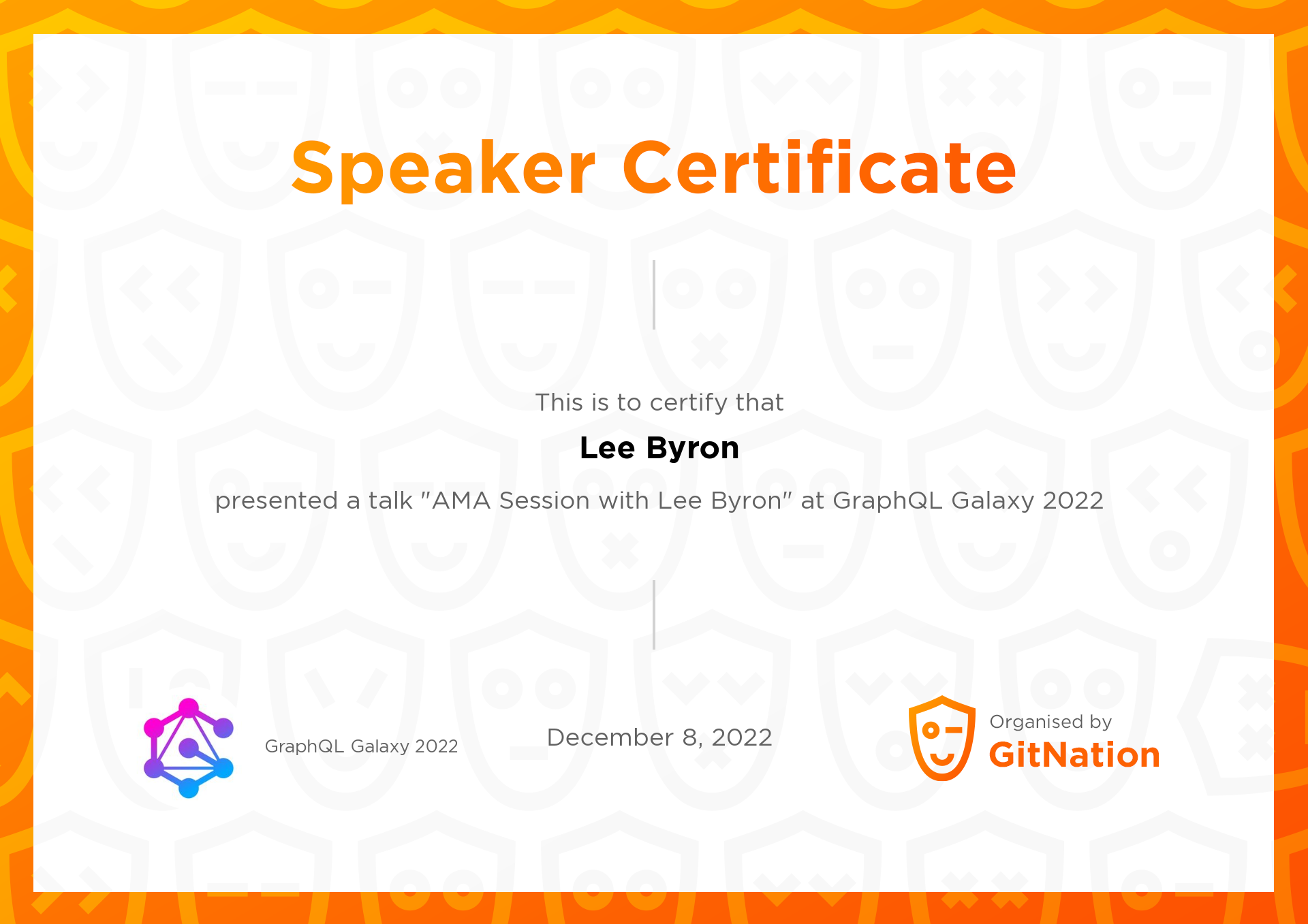 Lee Byron's Certificate from GraphQL Galaxy