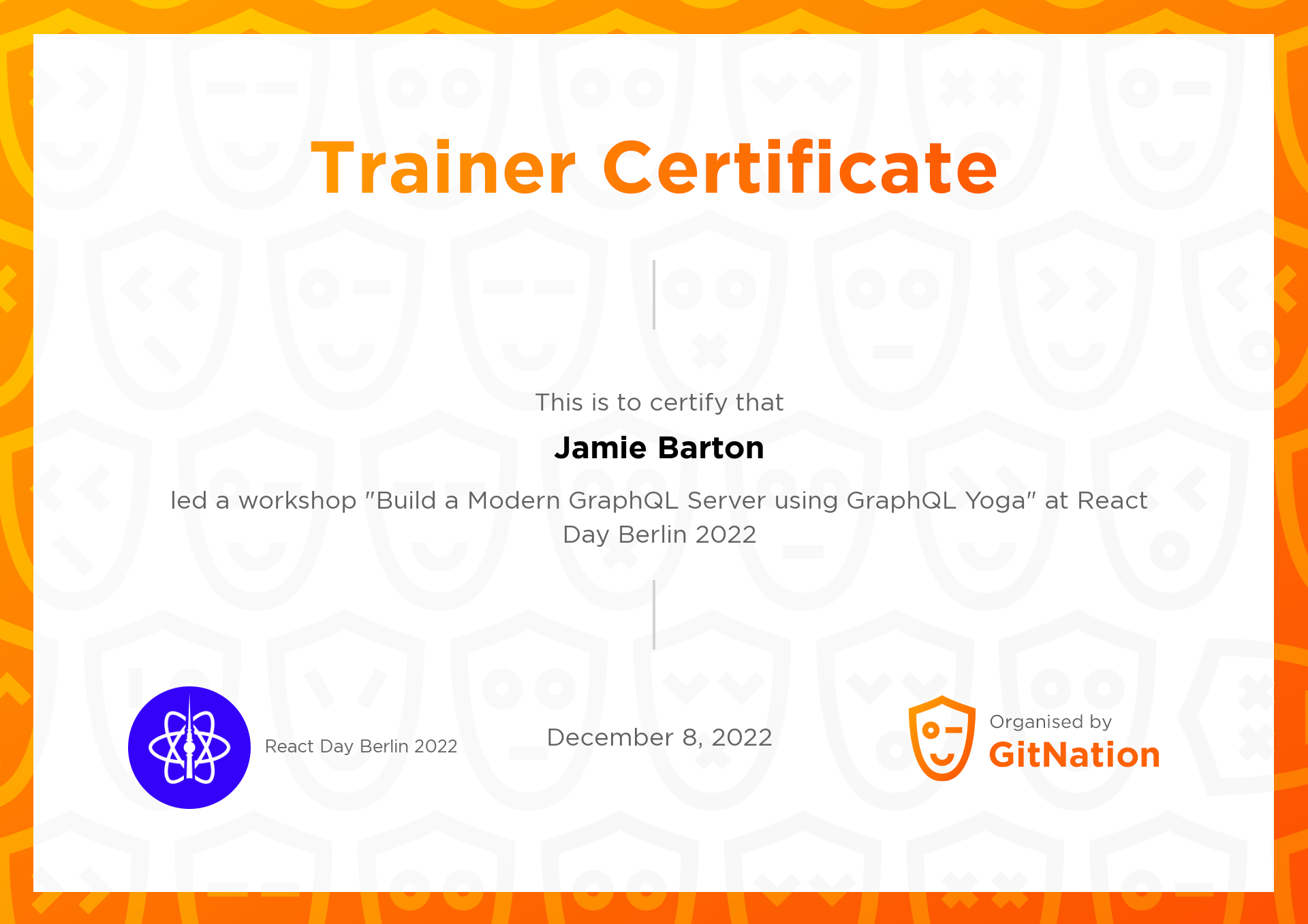 Jamie Barton's Certificate from React Day Berlin