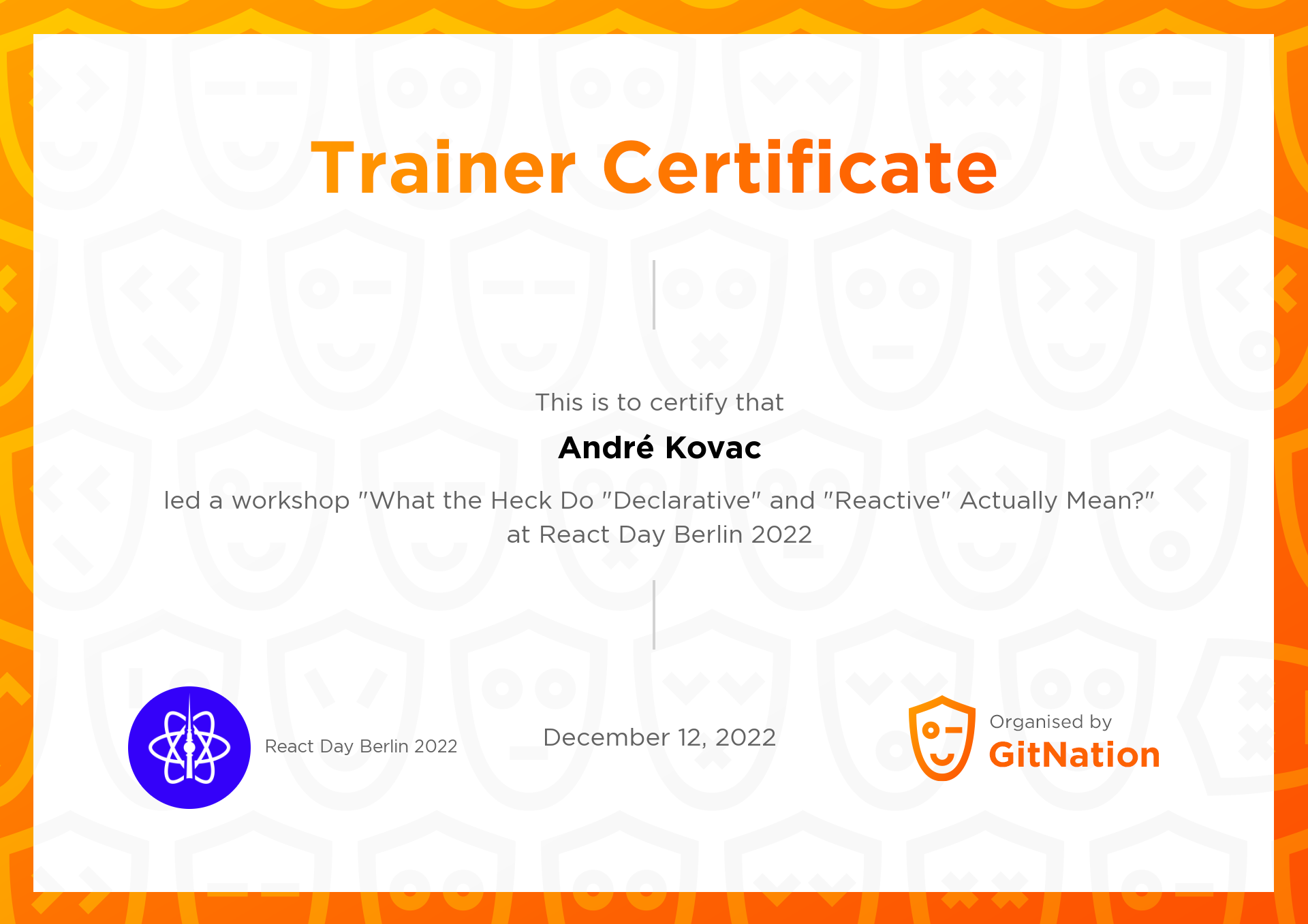 André Kovac's Certificate from React Day Berlin