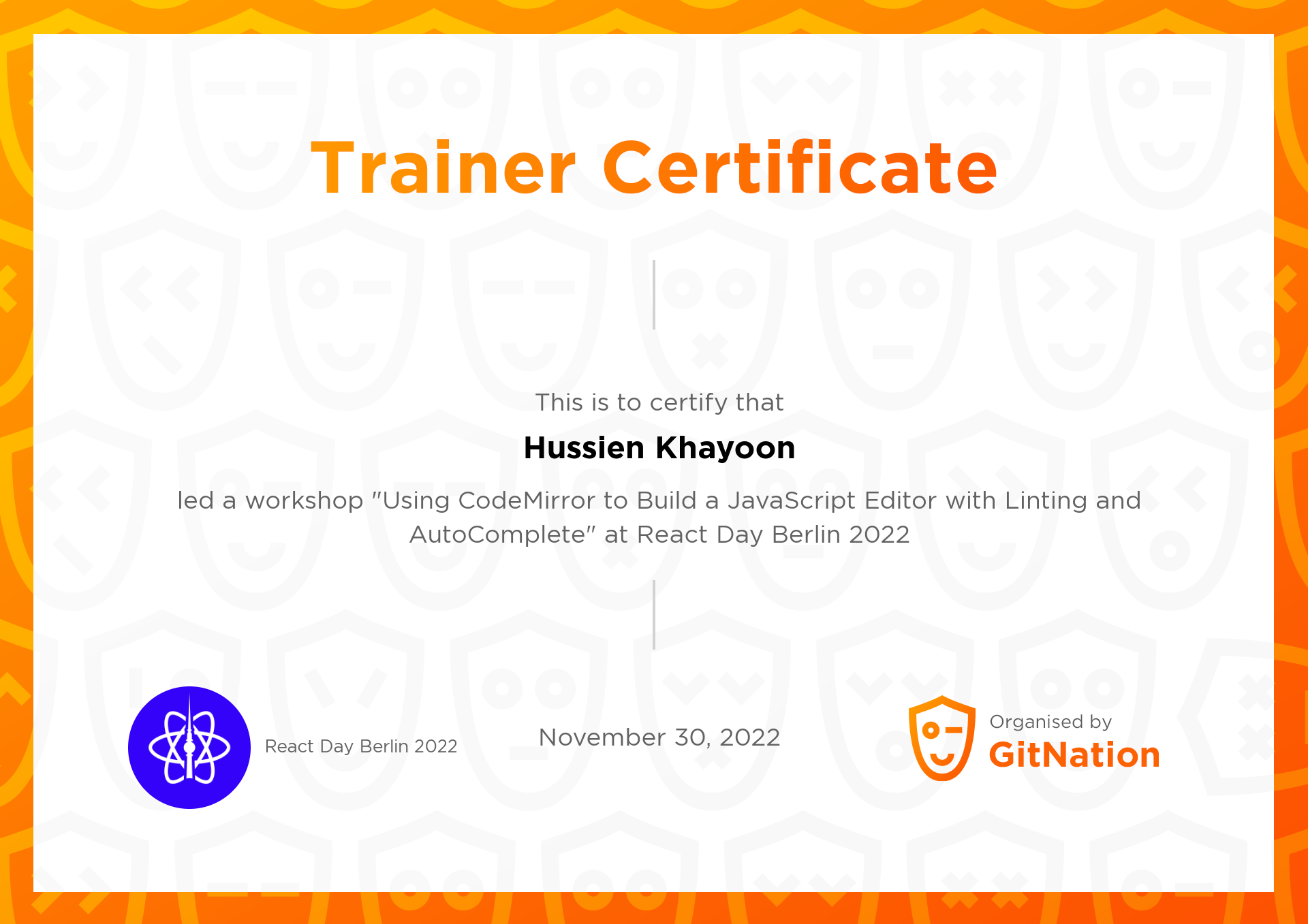 Hussien Khayoon's Certificate from React Day Berlin