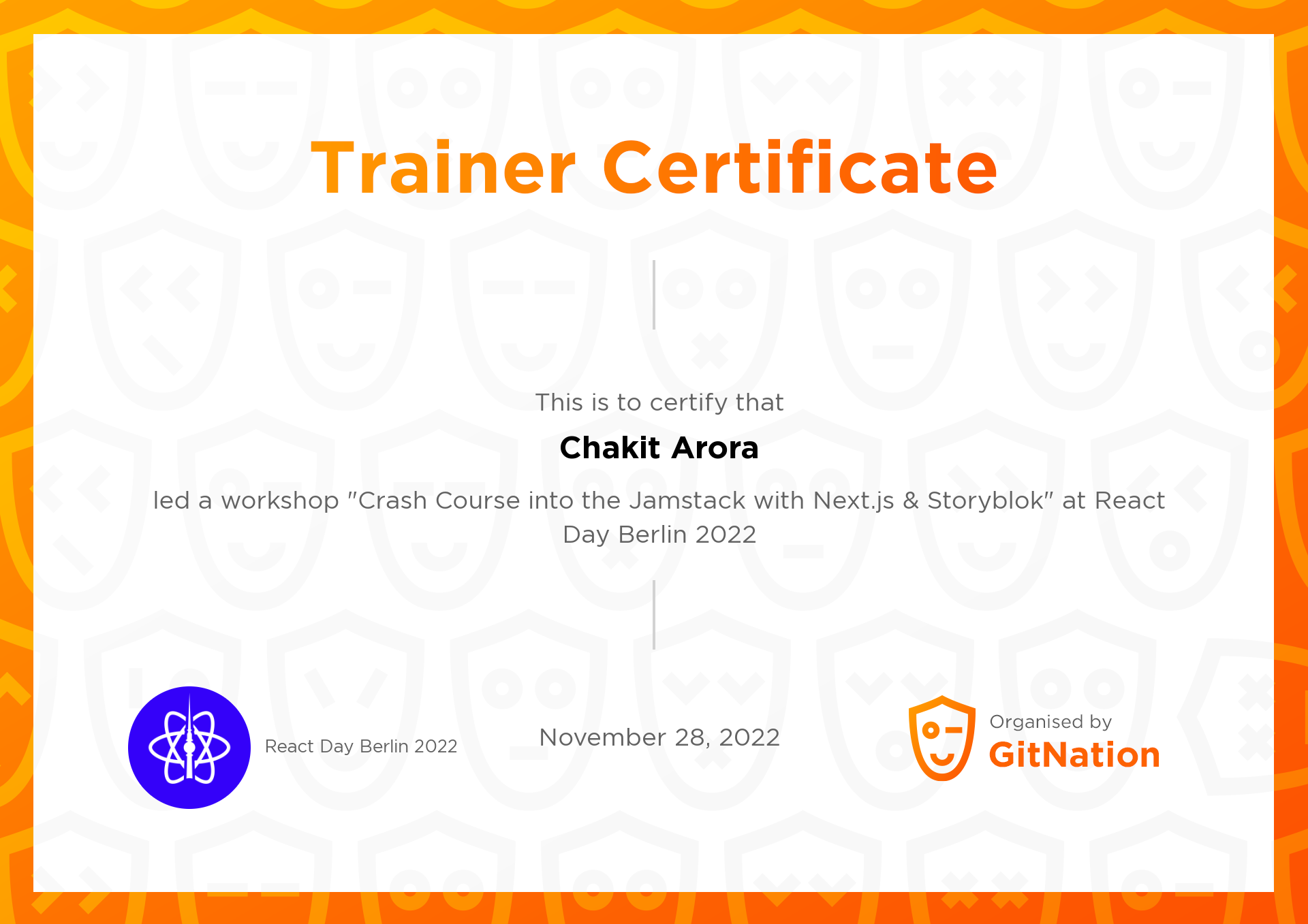 Chakit Arora's Certificate from React Day Berlin