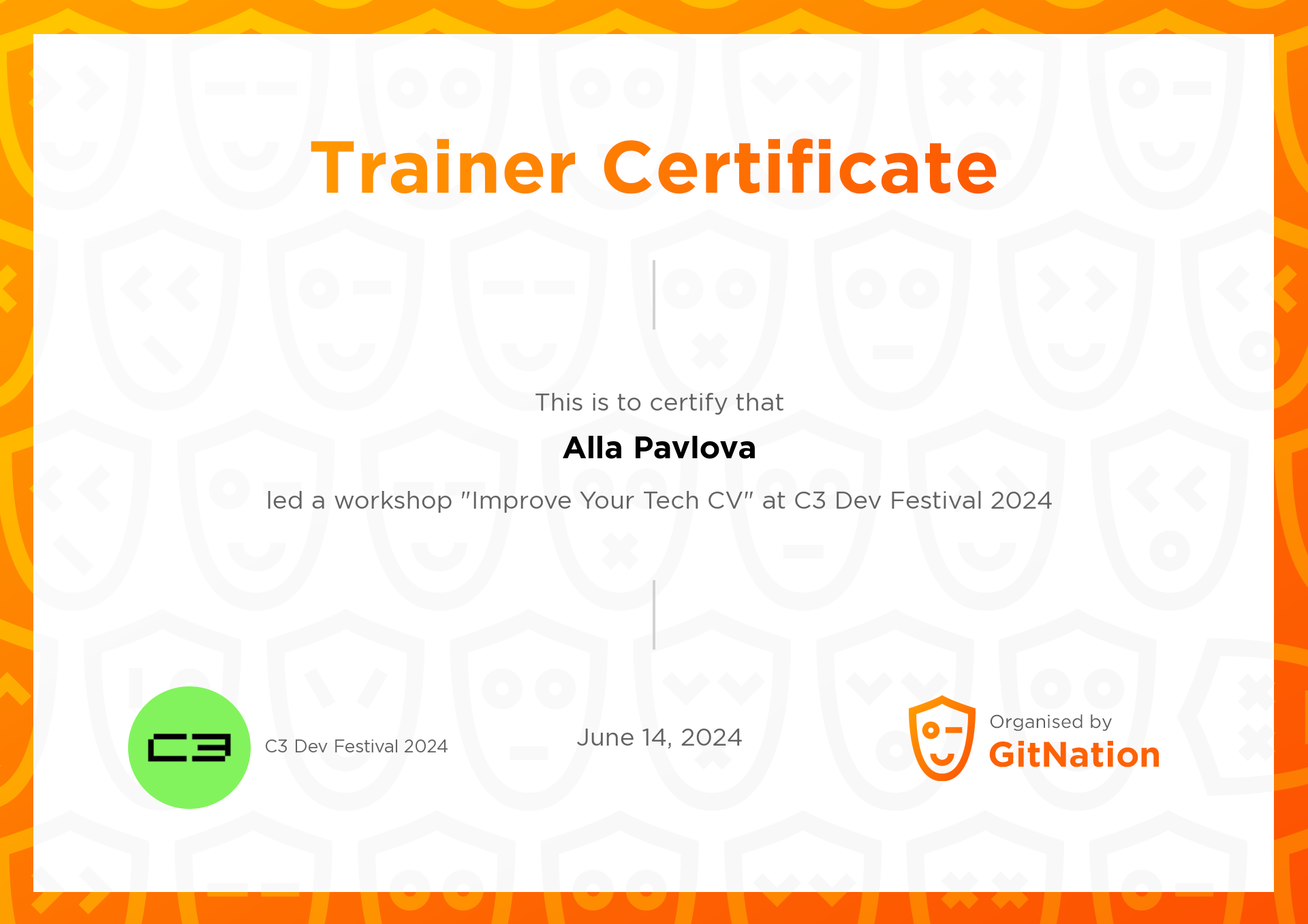 Alla Pavlova's Certificate from C3 Dev Festival