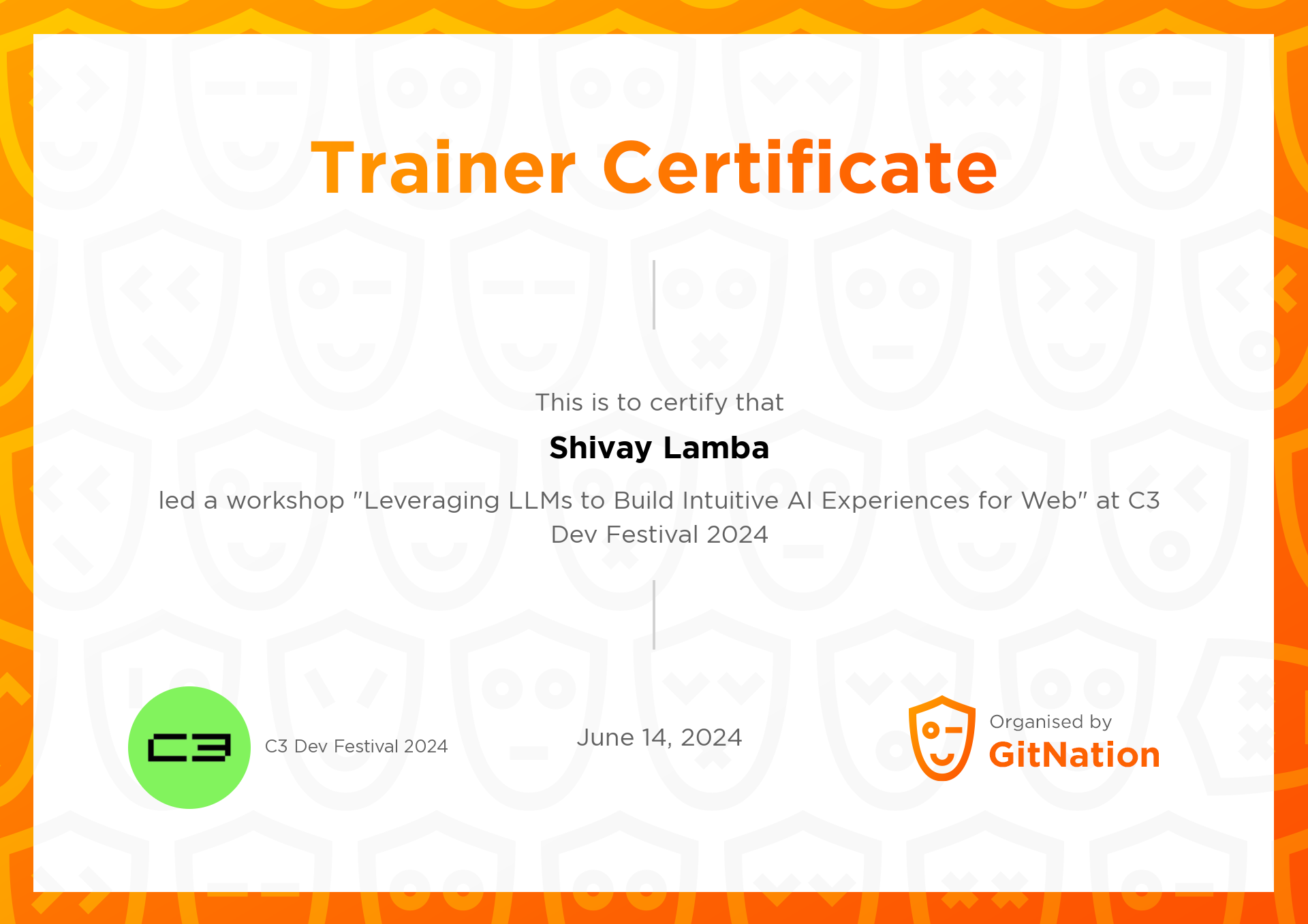 Shivay Lamba's Certificate from C3 Dev Festival