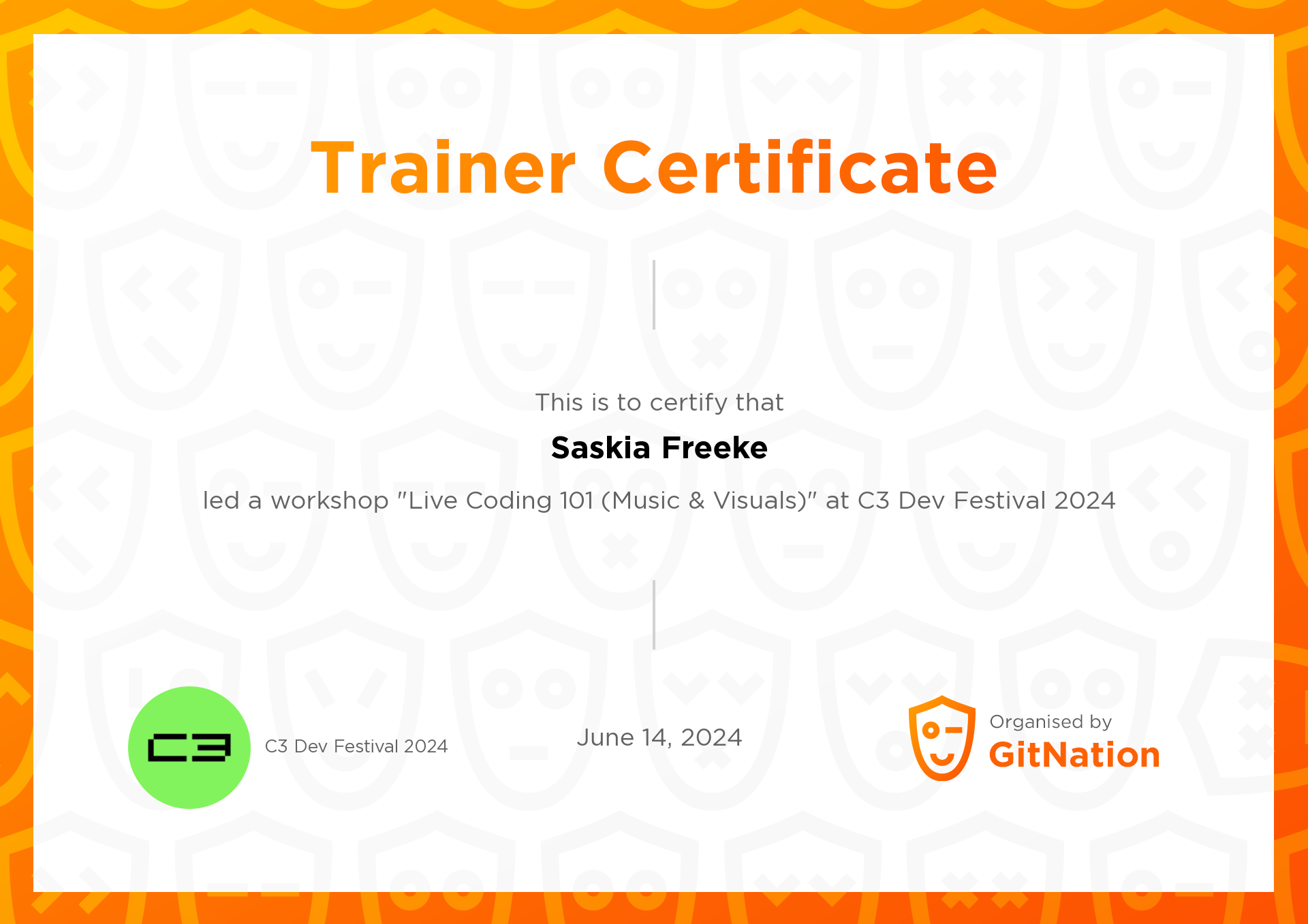 Saskia Freeke's Certificate from C3 Dev Festival