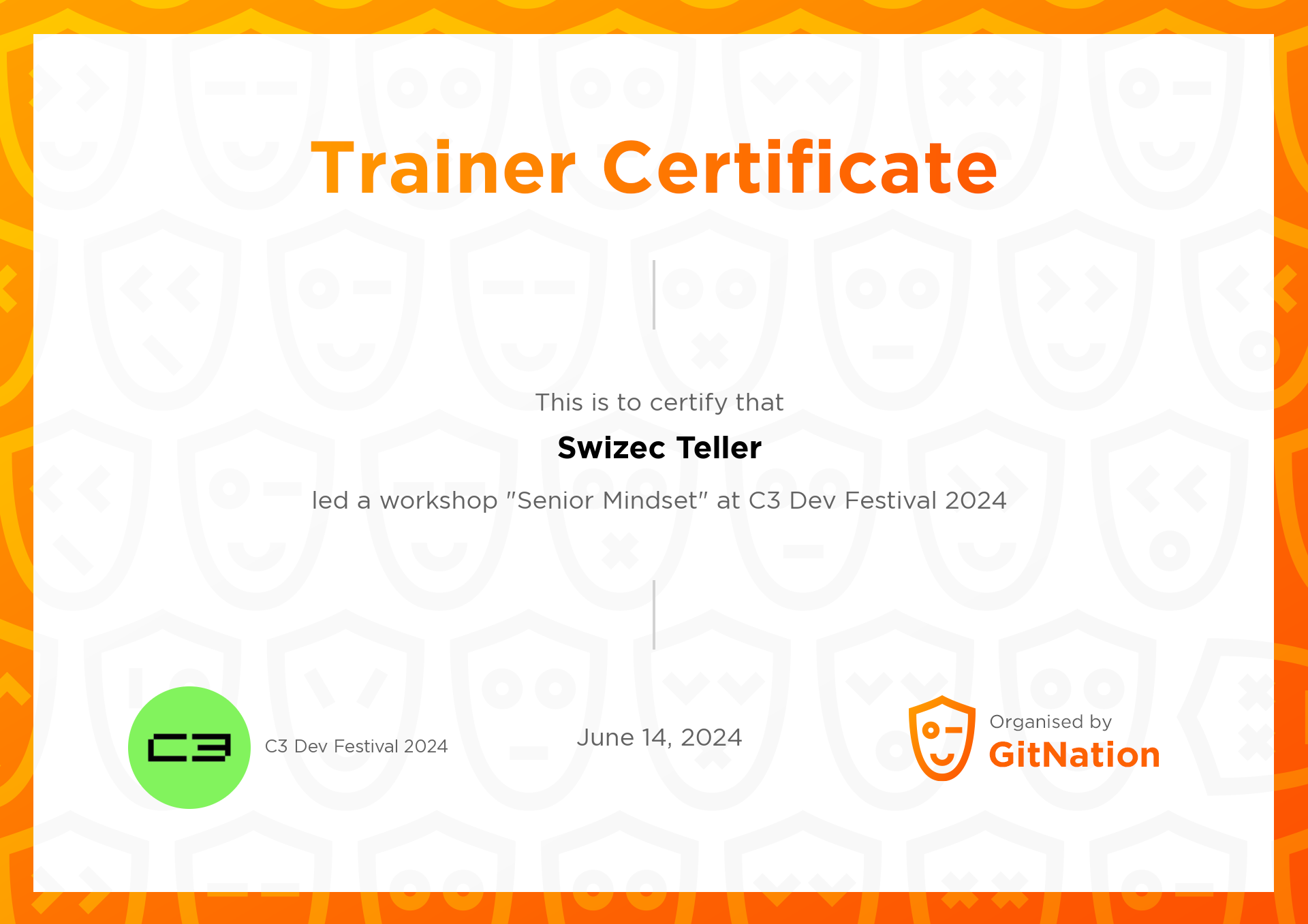 Swizec Teller's Certificate from C3 Dev Festival