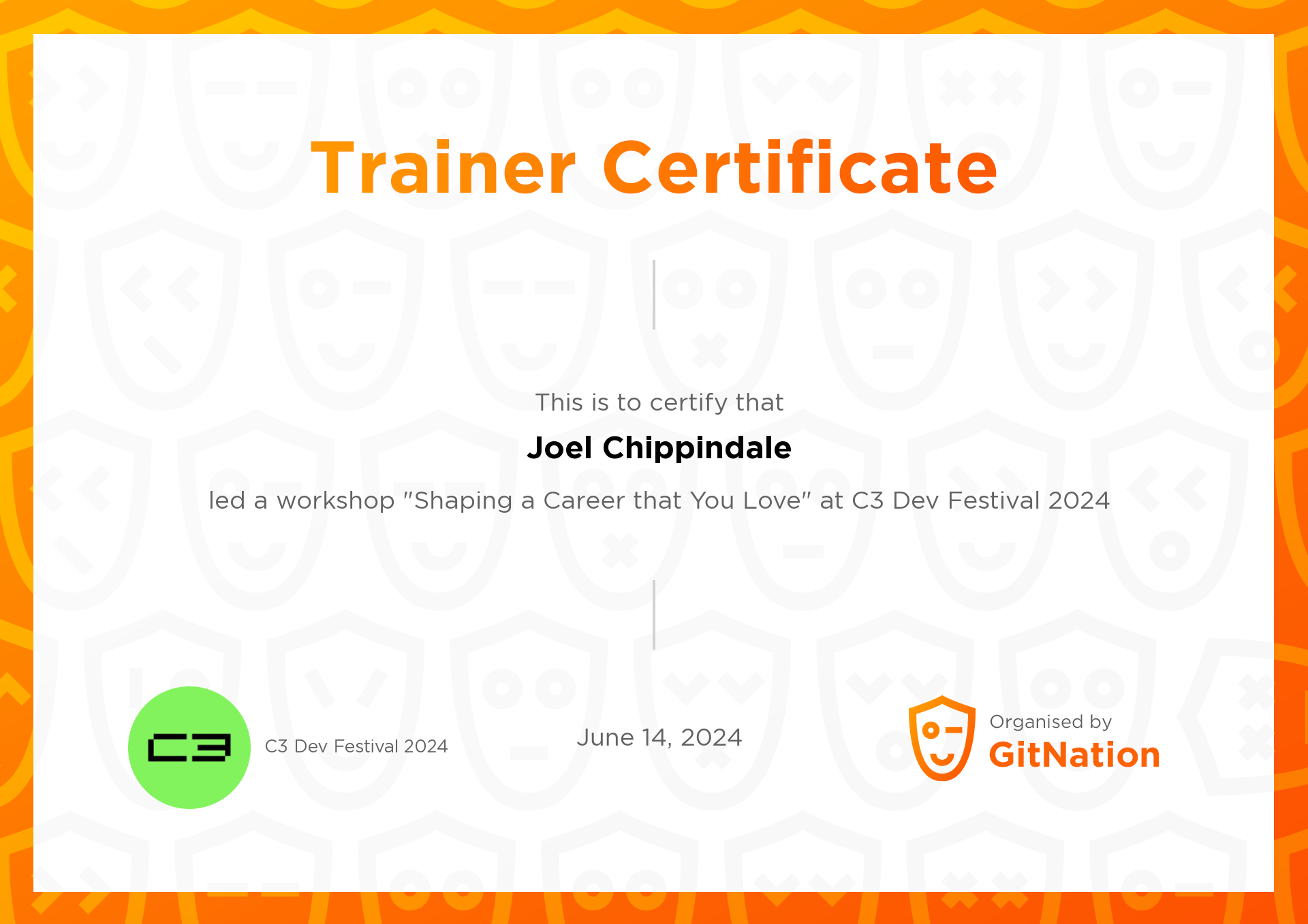 Joel Chippindale's Certificate from C3 Dev Festival