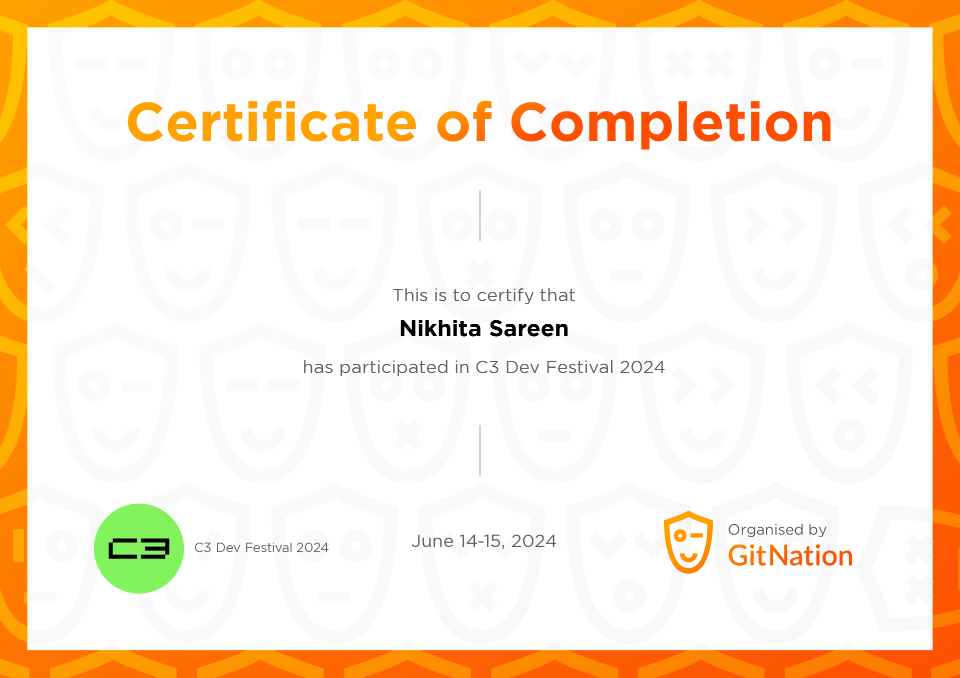 Nikhita Sareen's Certificate from C3 Dev Festival