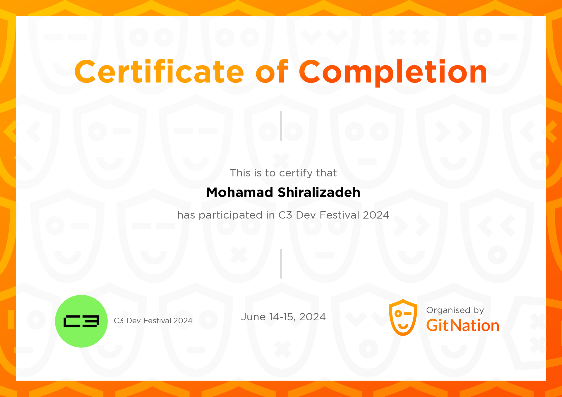 Mohamad Shiralizadeh's Certificate from C3 Dev Festival