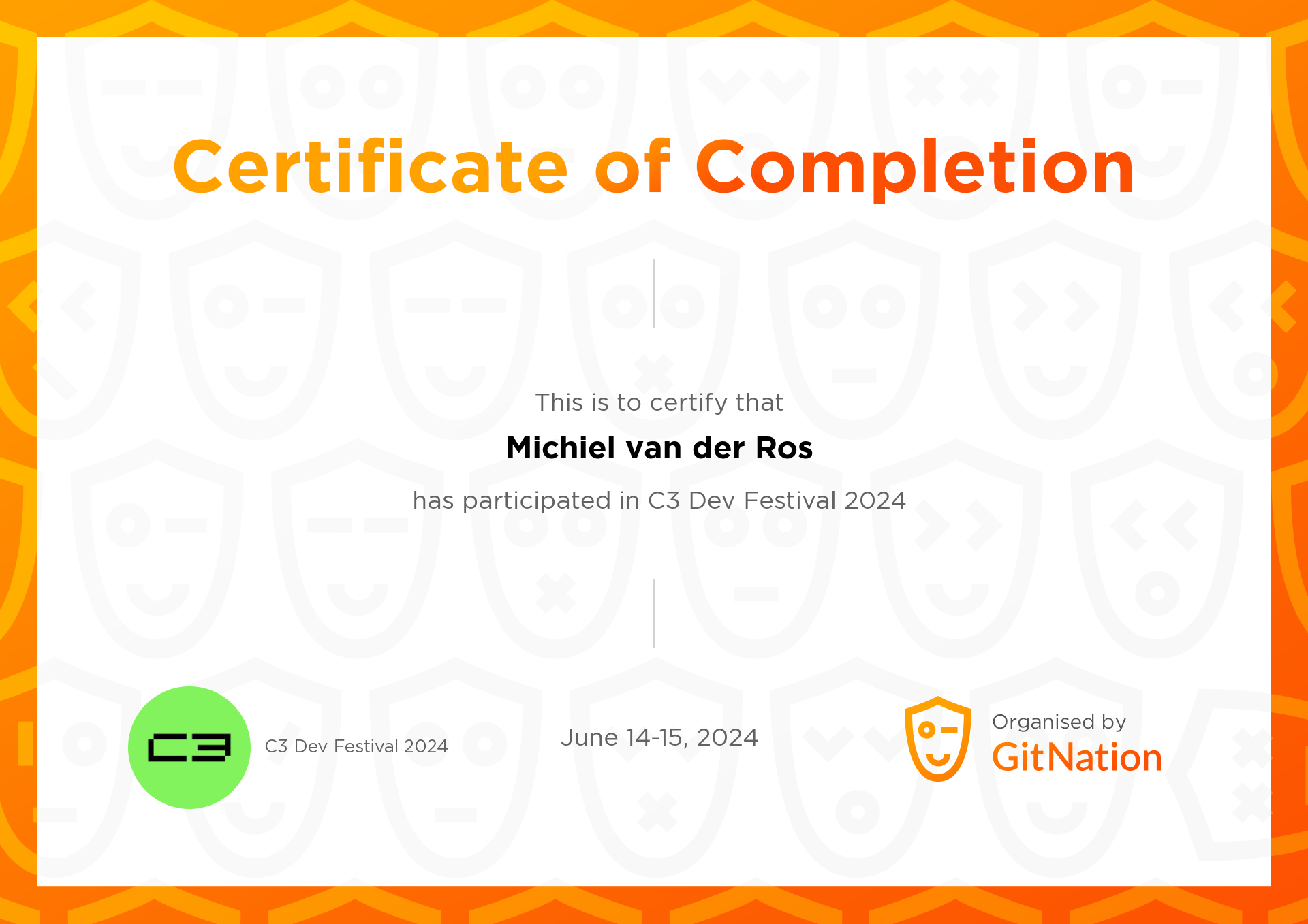 Michiel van der Ros's Certificate from C3 Dev Festival