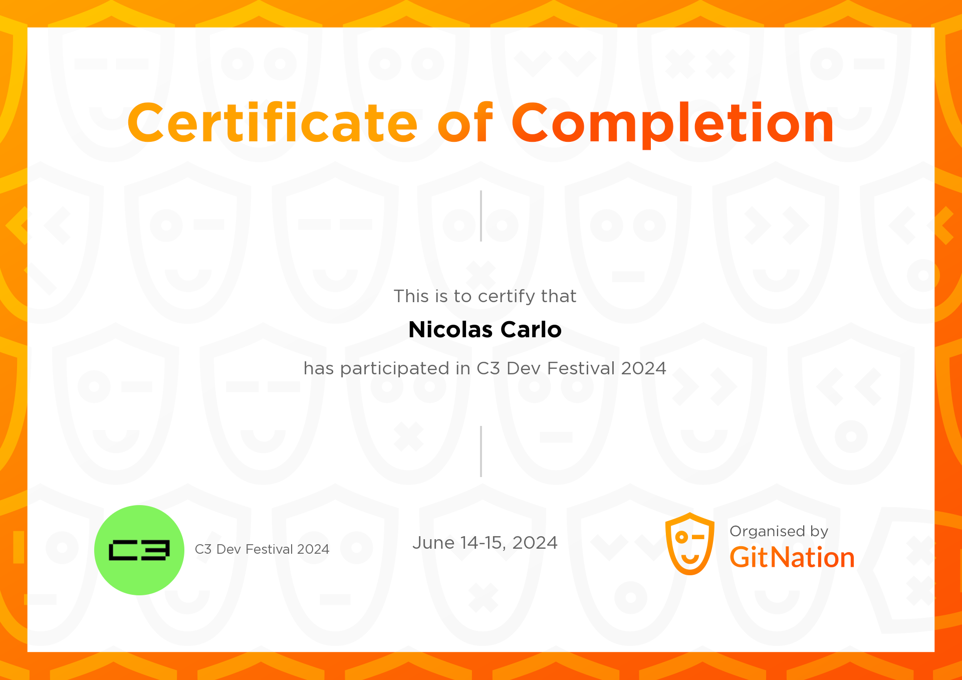 Nicolas Carlo's Certificate from C3 Dev Festival