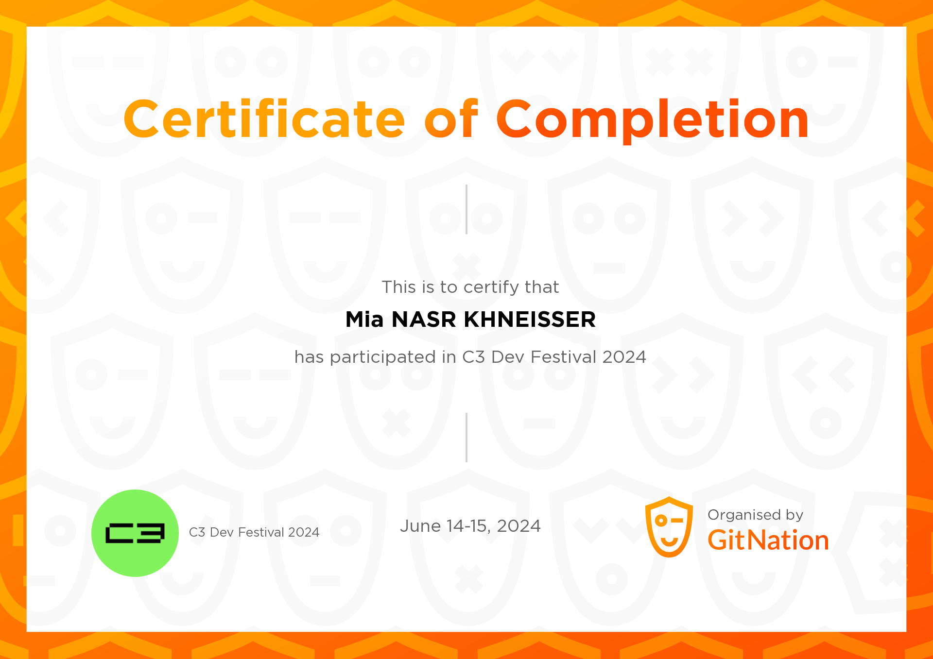 Mia NASR KHNEISSER's Certificate from C3 Dev Festival