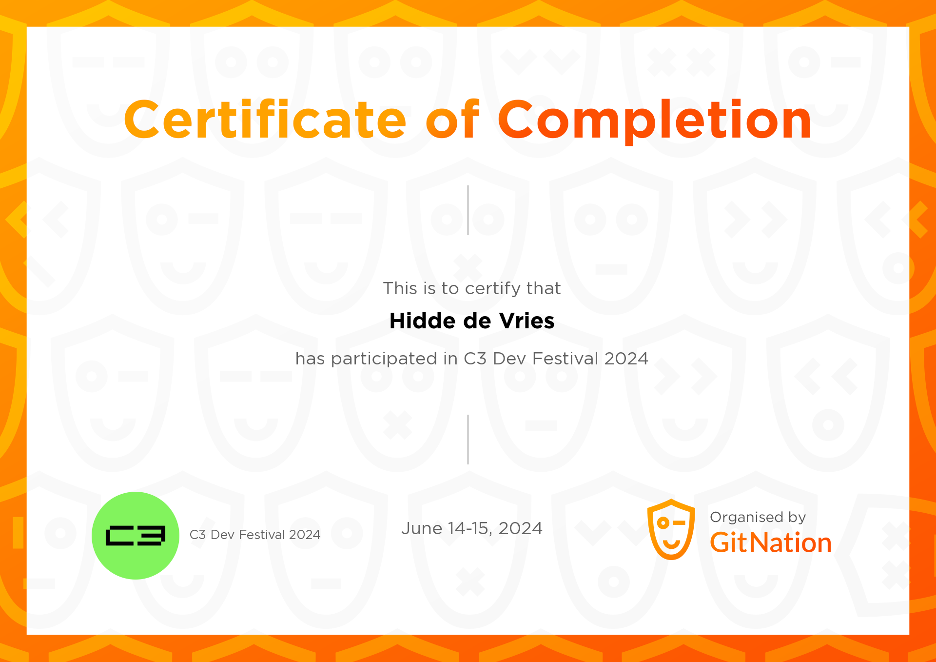 Hidde de Vries's Certificate from C3 Dev Festival