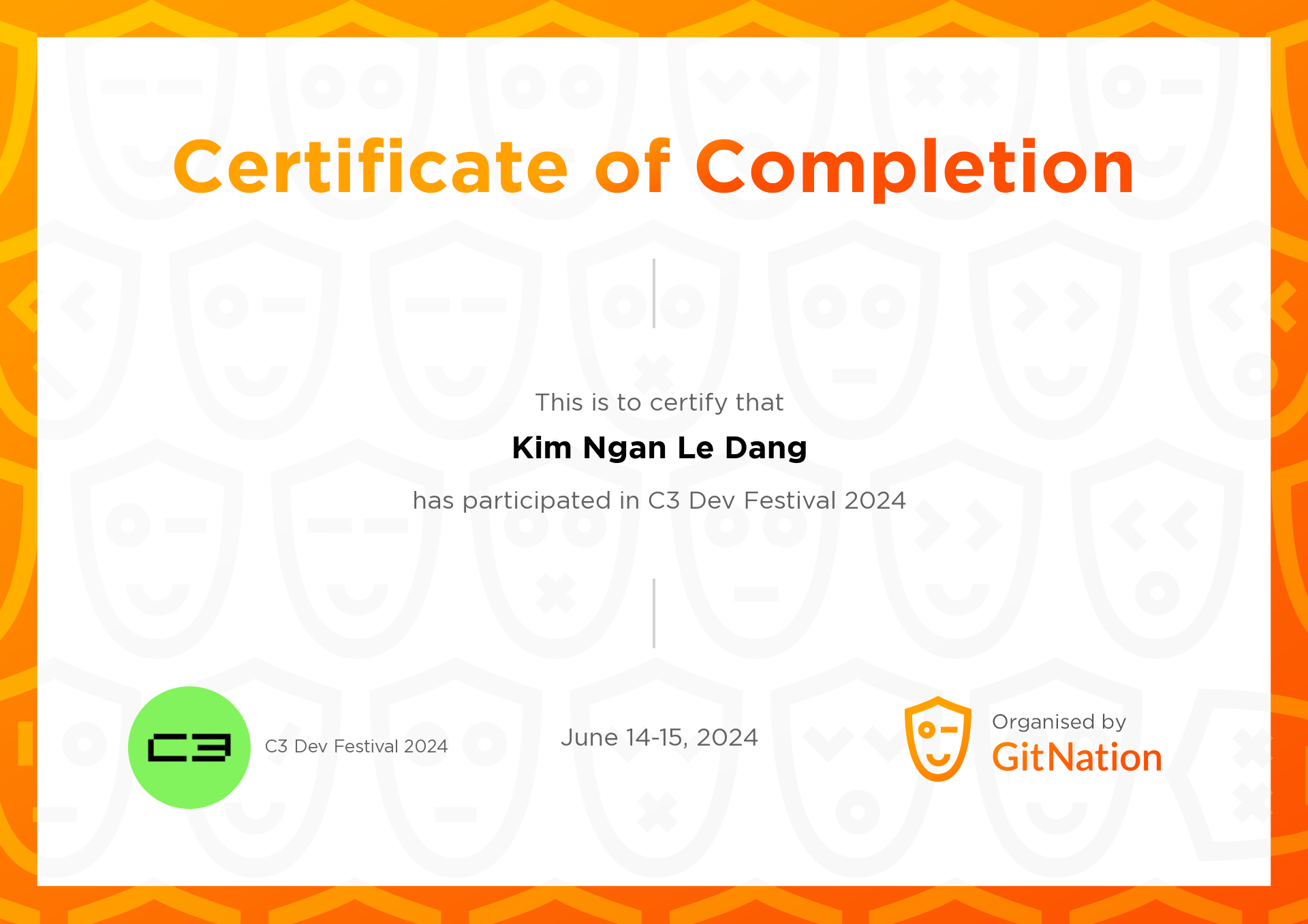 Kim Ngan Le Dang's Certificate from C3 Dev Festival