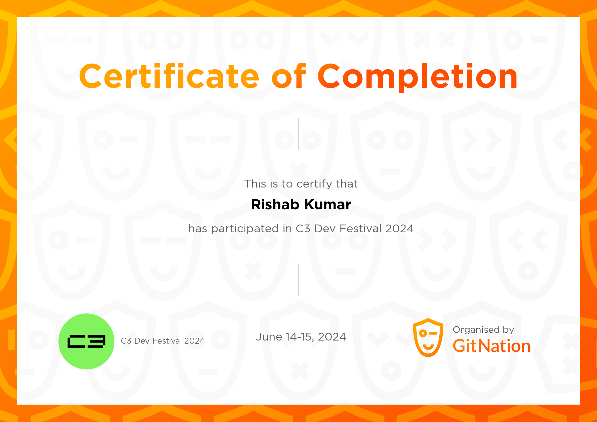 Rishab Kumar's Certificate from C3 Dev Festival