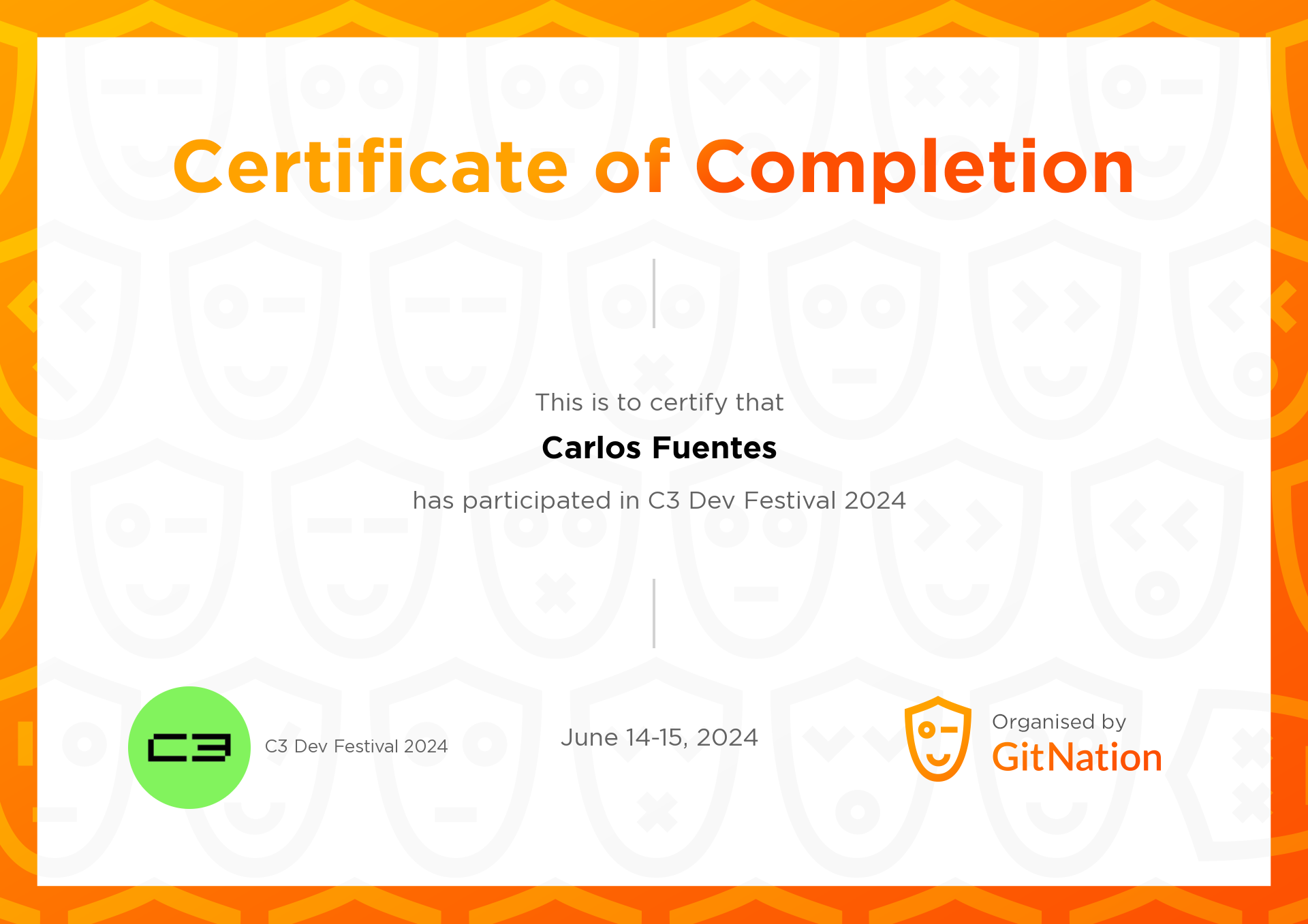 Carlos Fuentes's Certificate from C3 Dev Festival