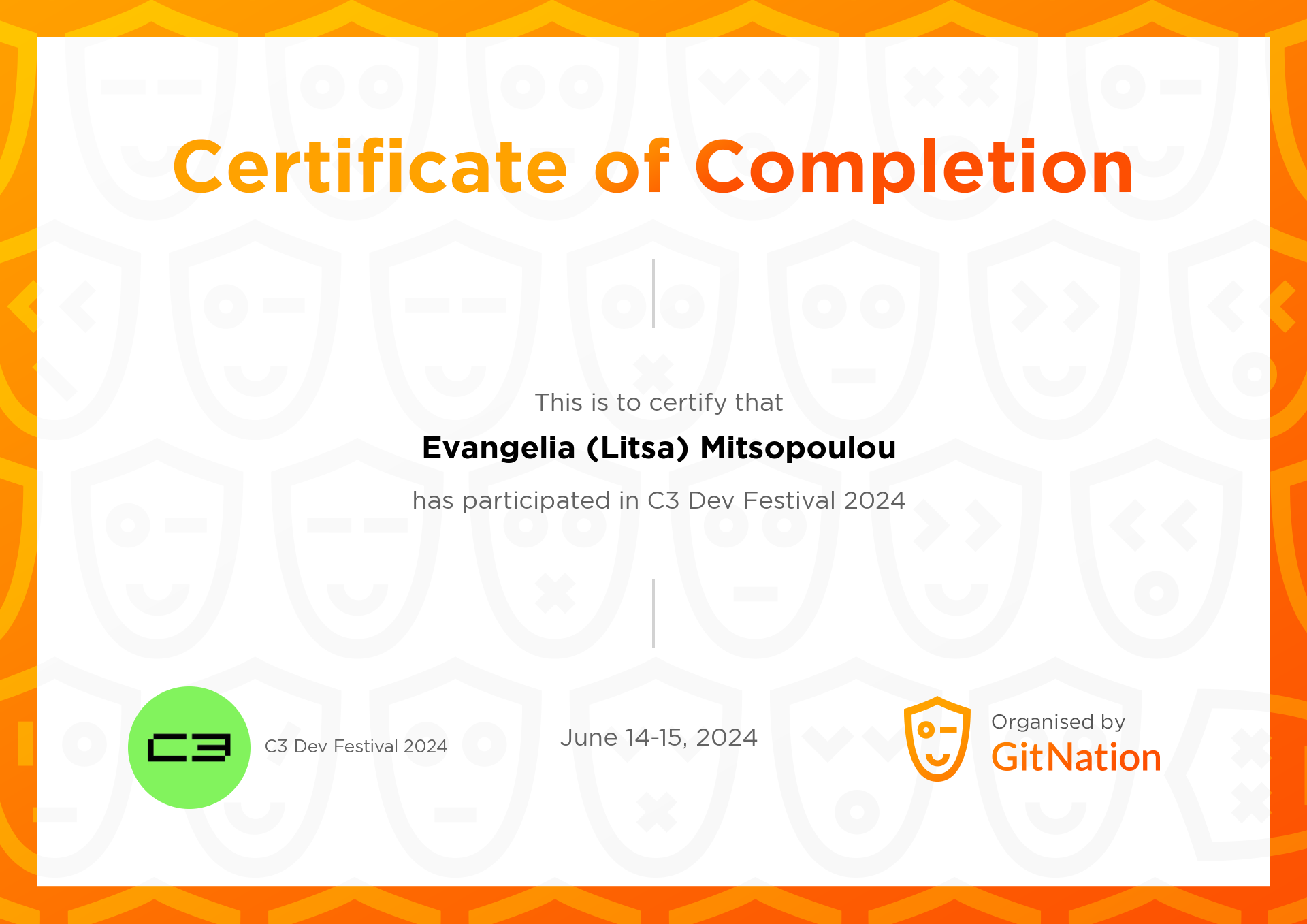 Evangelia (Litsa) Mitsopoulou's Certificate from C3 Dev Festival