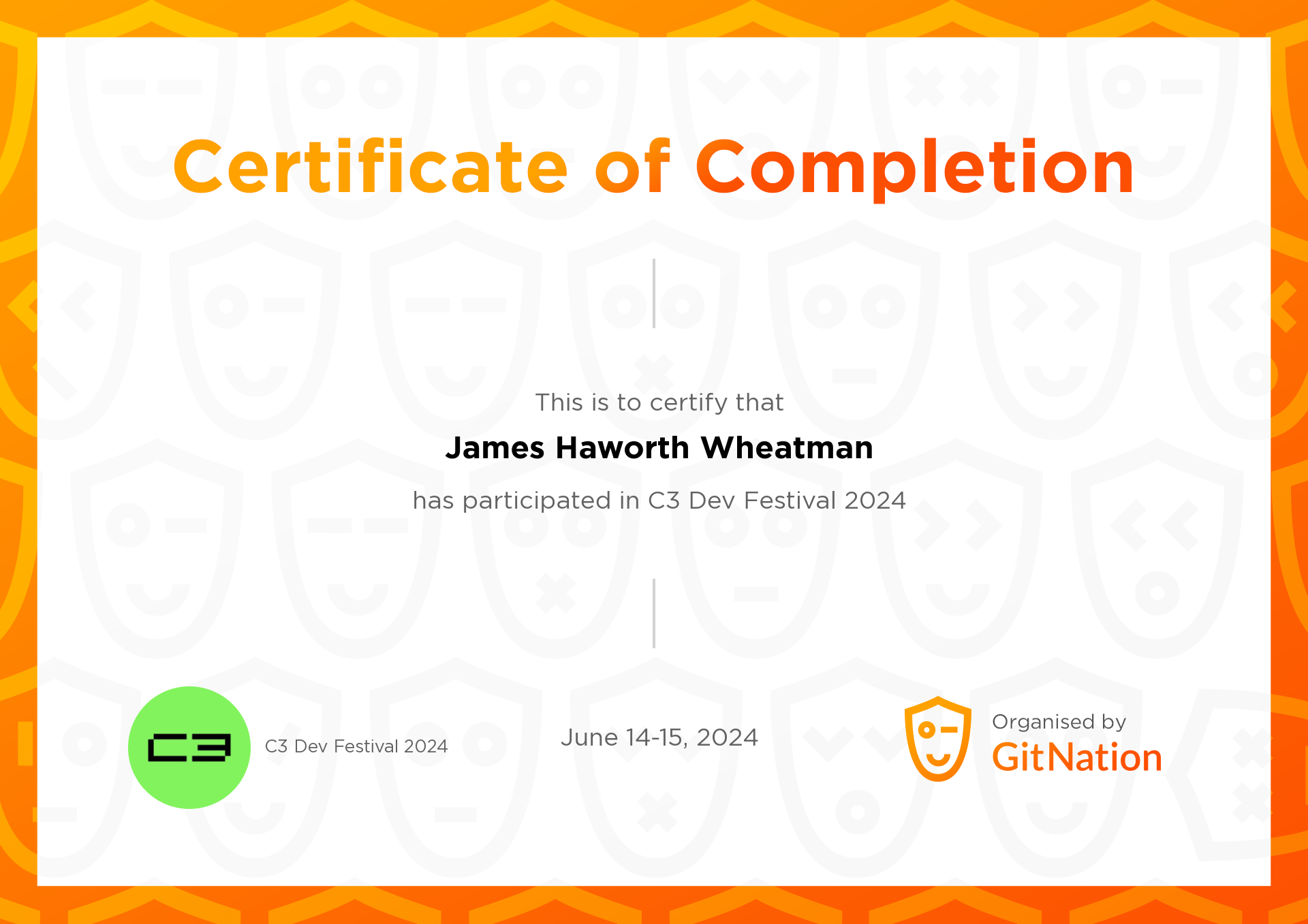 James Haworth Wheatman's Certificate from C3 Dev Festival