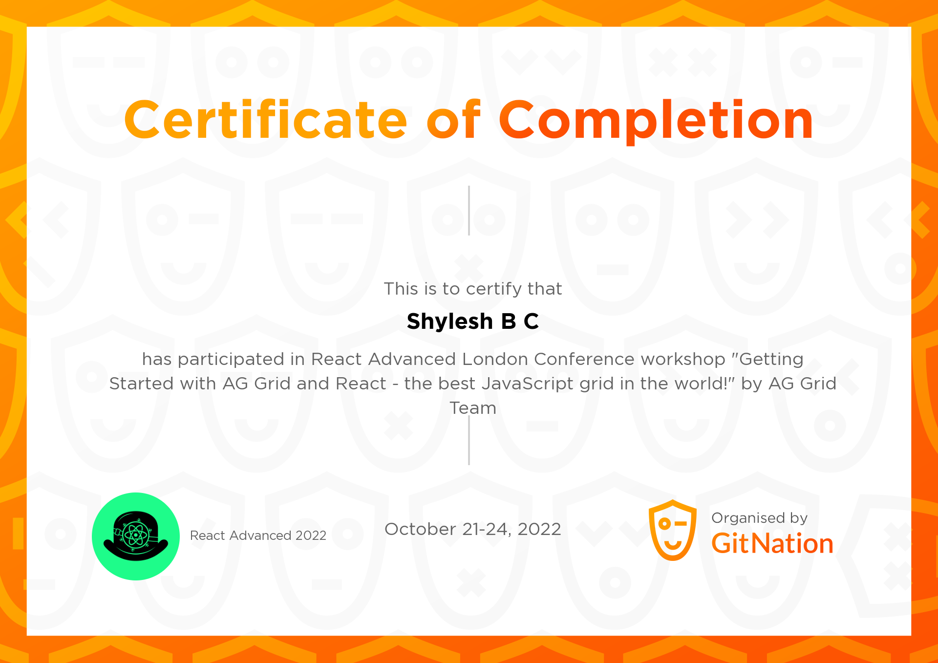 Shylesh B C's Certificate from React Advanced