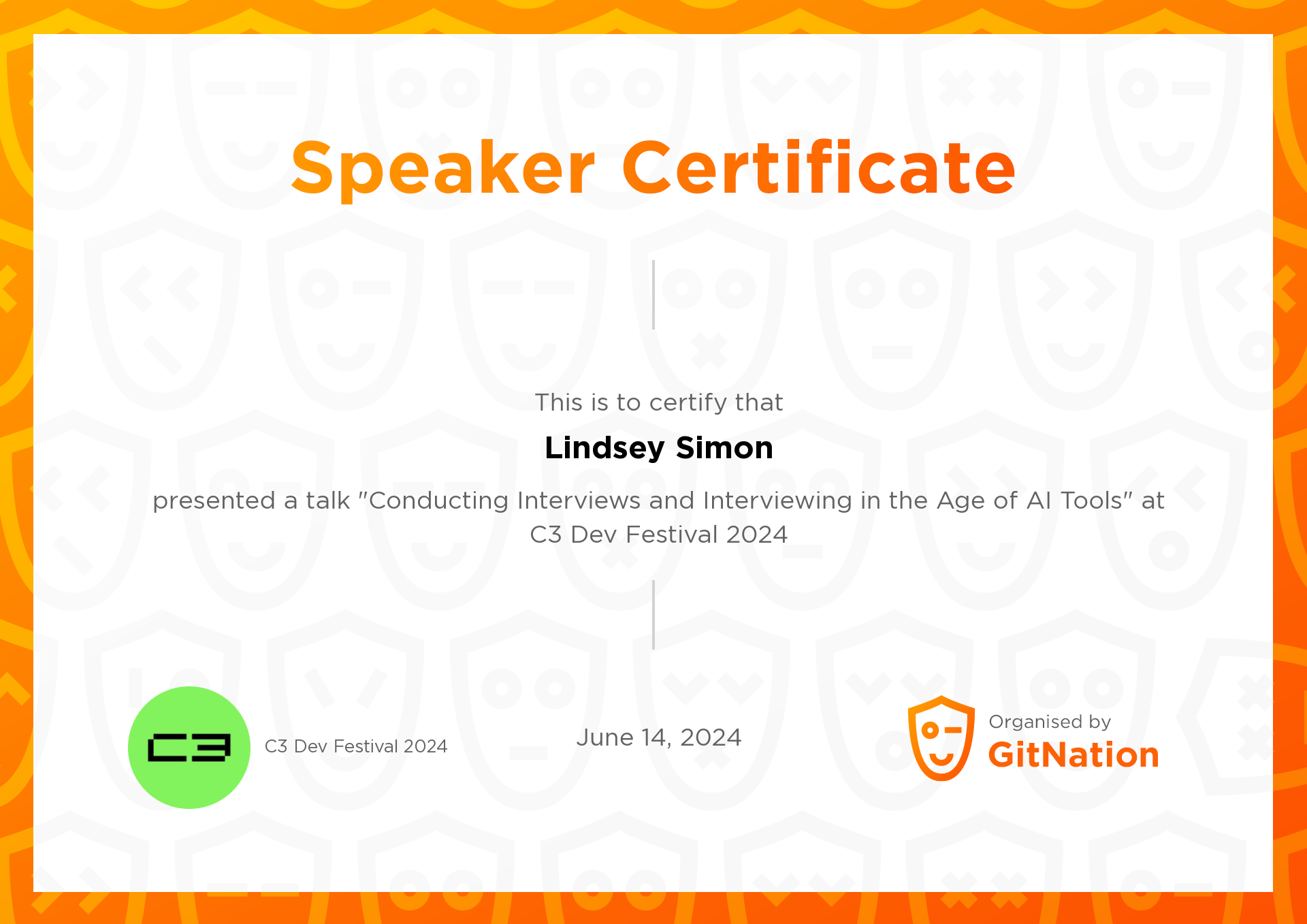  Lindsey Simon's Certificate from C3 Dev Festival