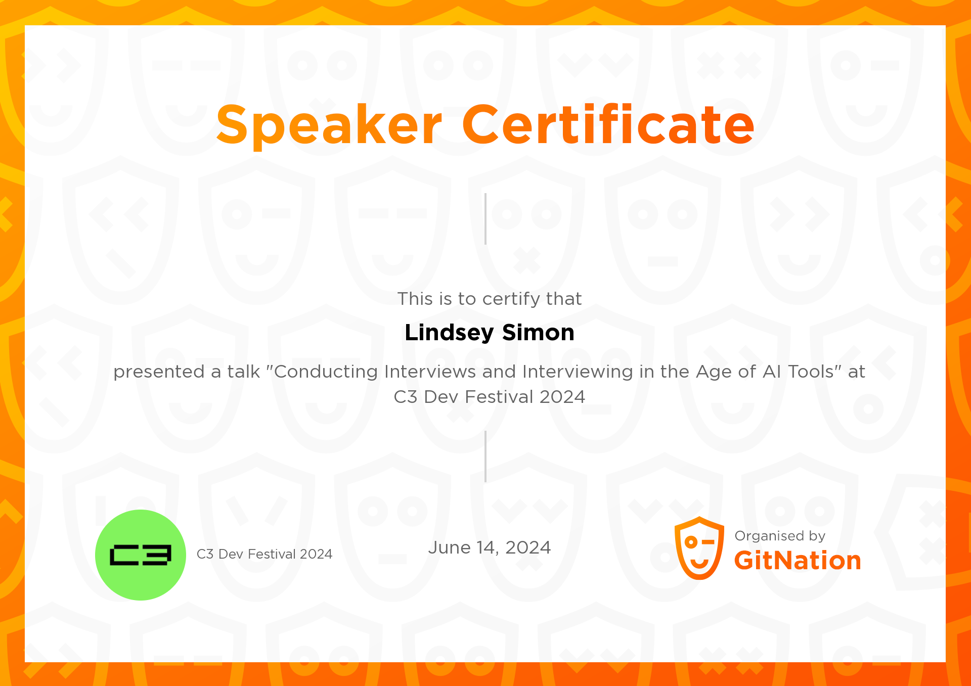 Lindsey Simon's Certificate from C3 Dev Festival