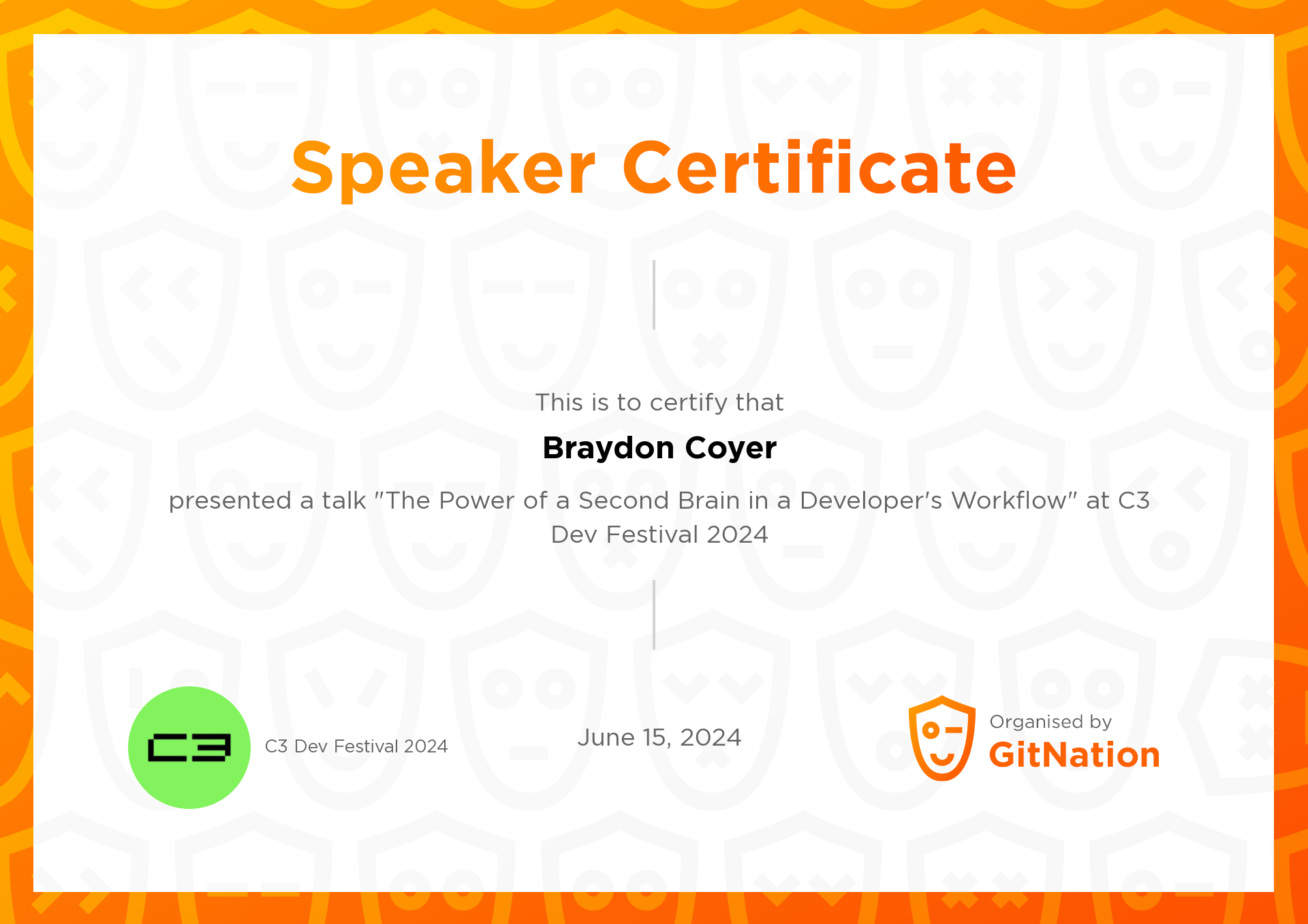 Braydon Coyer's Certificate from C3 Dev Festival