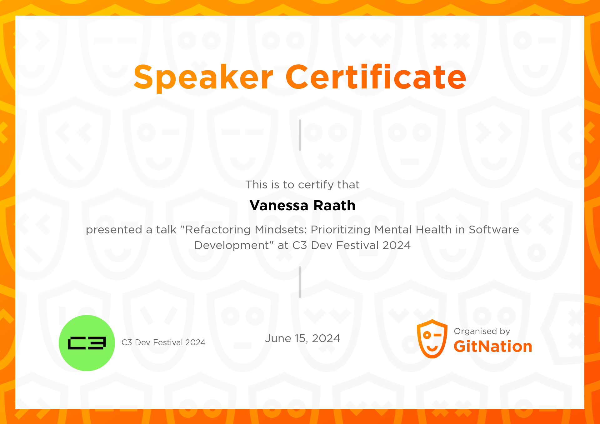 Vanessa Raath's Certificate from C3 Dev Festival