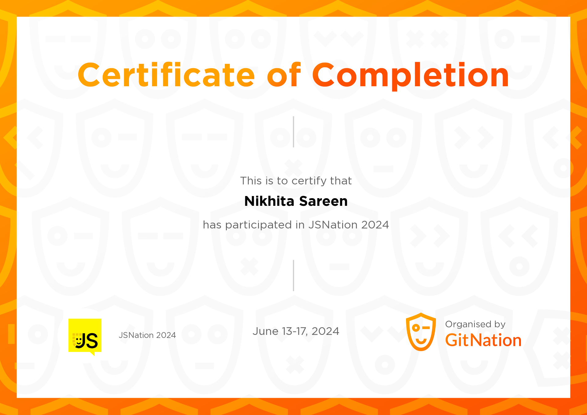 Nikhita Sareen's Certificate from JS Nation