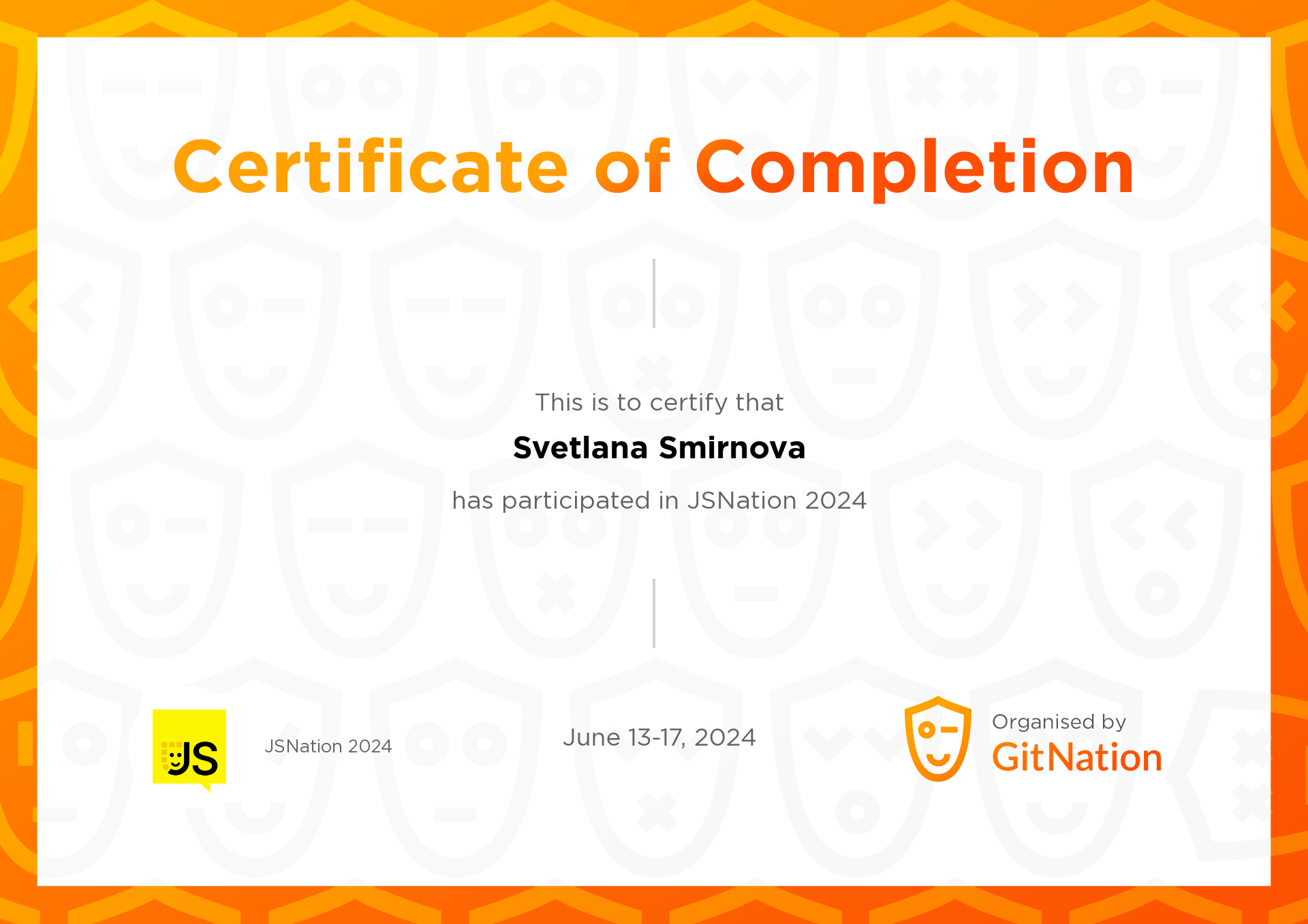 Svetlana Smirnova's Certificate from JS Nation