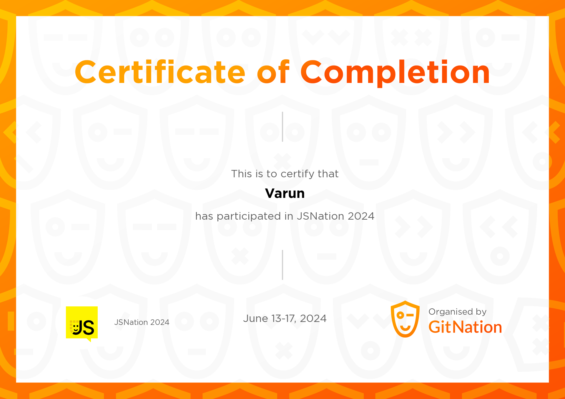 Varun's Certificate from JS Nation