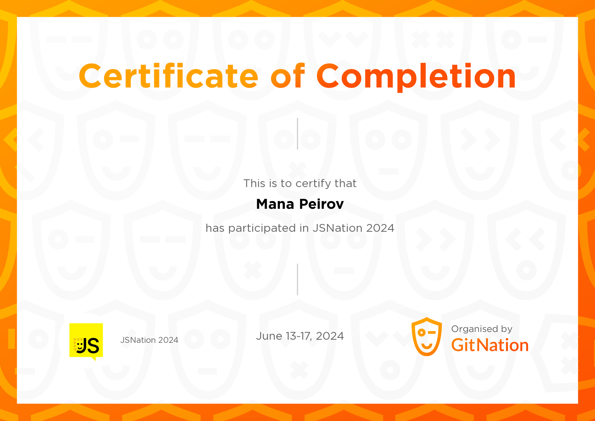 Mana Peirov's Certificate from JS Nation