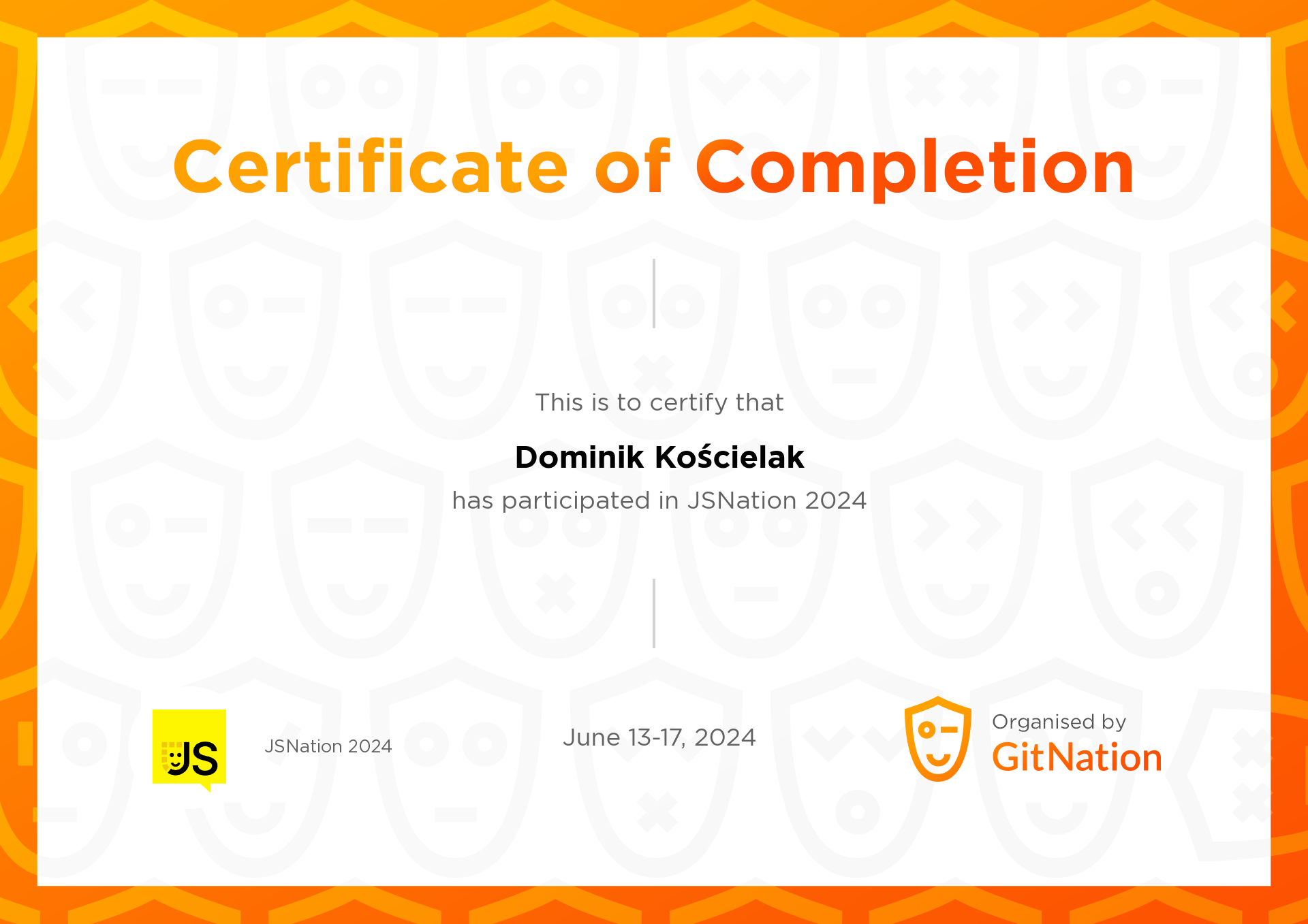 Dominik Kościelak's Certificate from JS Nation