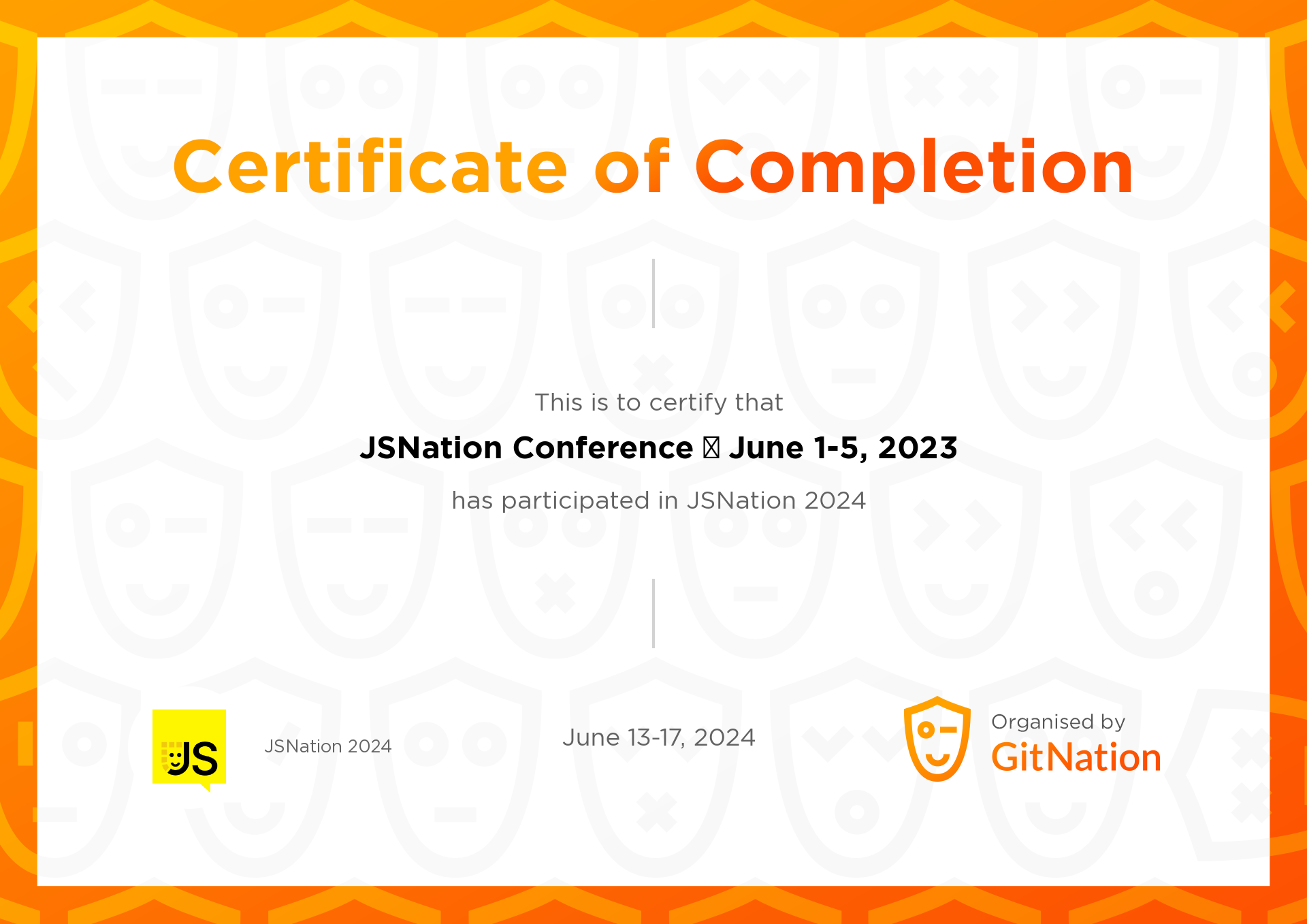 JSNation Conference 🗓 June 1-5, 2023's Certificate from JS Nation