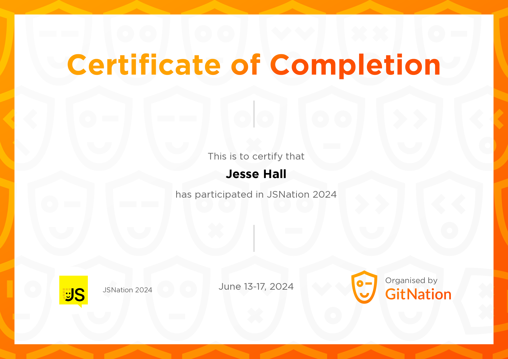 Jesse Hall's Certificate from JS Nation