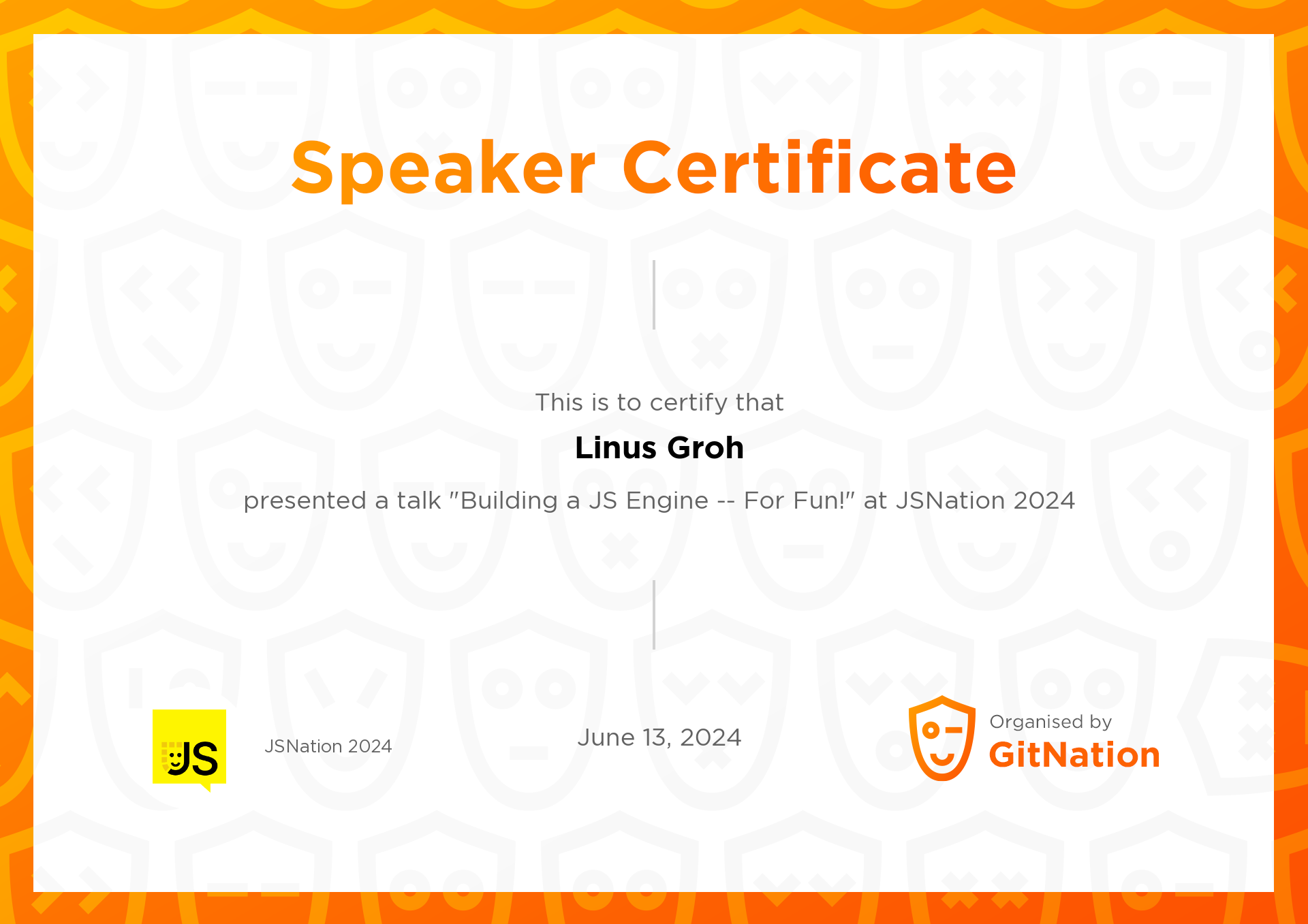 Linus Groh's Certificate from JS Nation