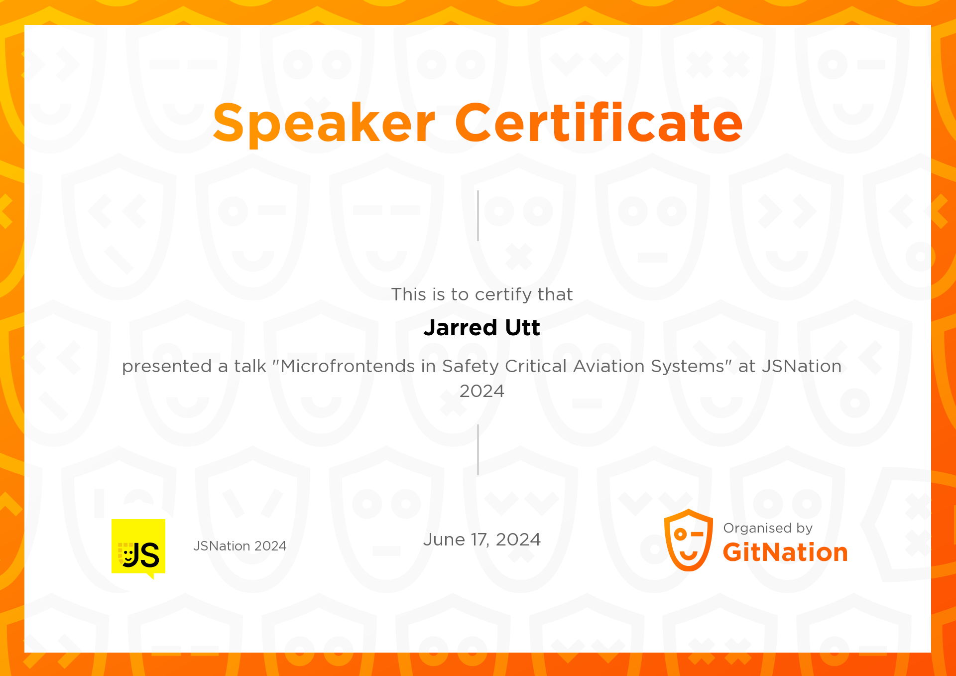 Jarred Utt's Certificate from JS Nation