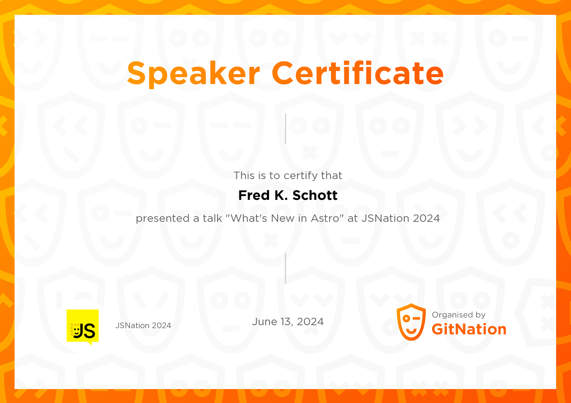 Fred K. Schott's Certificate from JS Nation