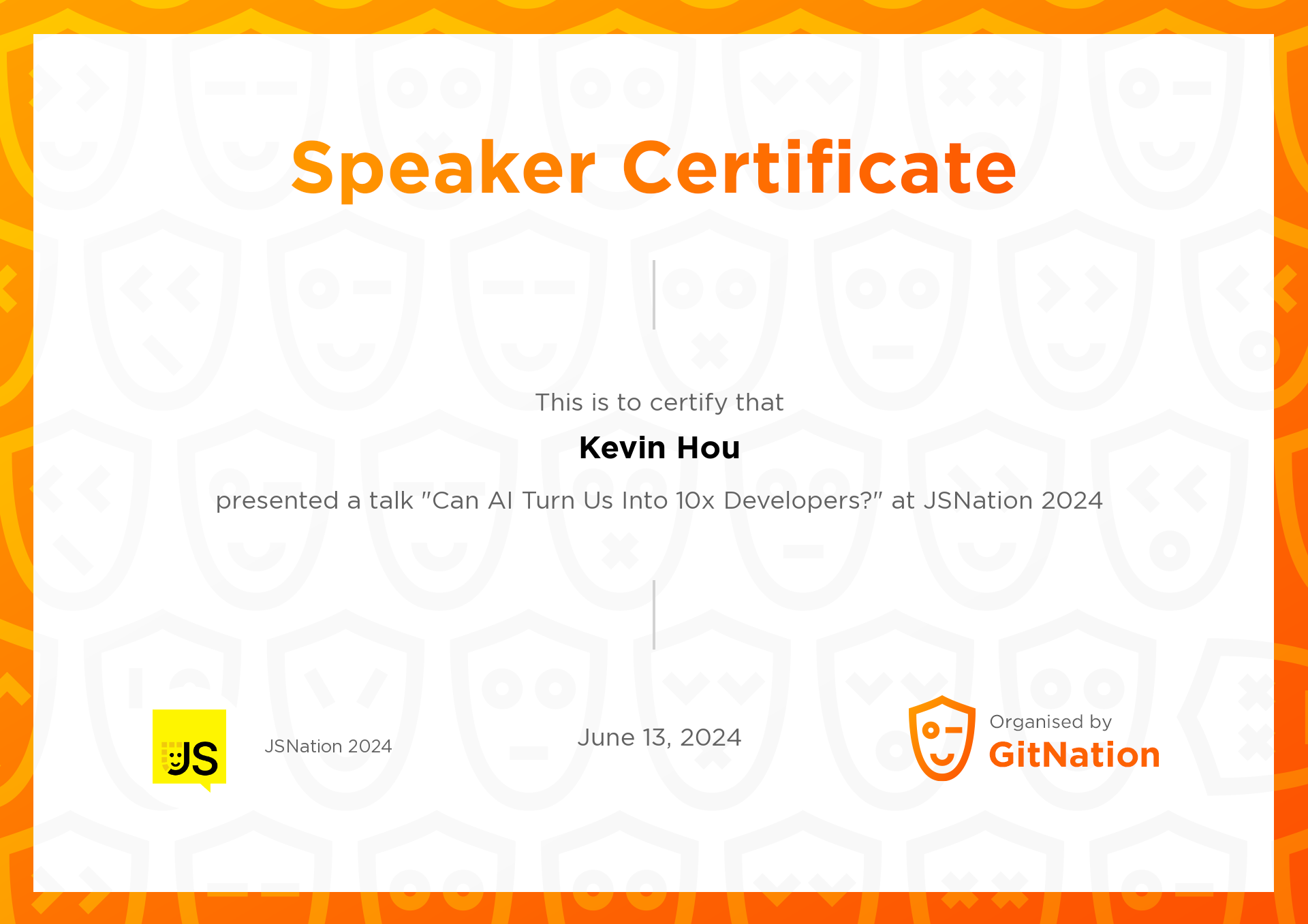 Kevin Hou's Certificate from JS Nation