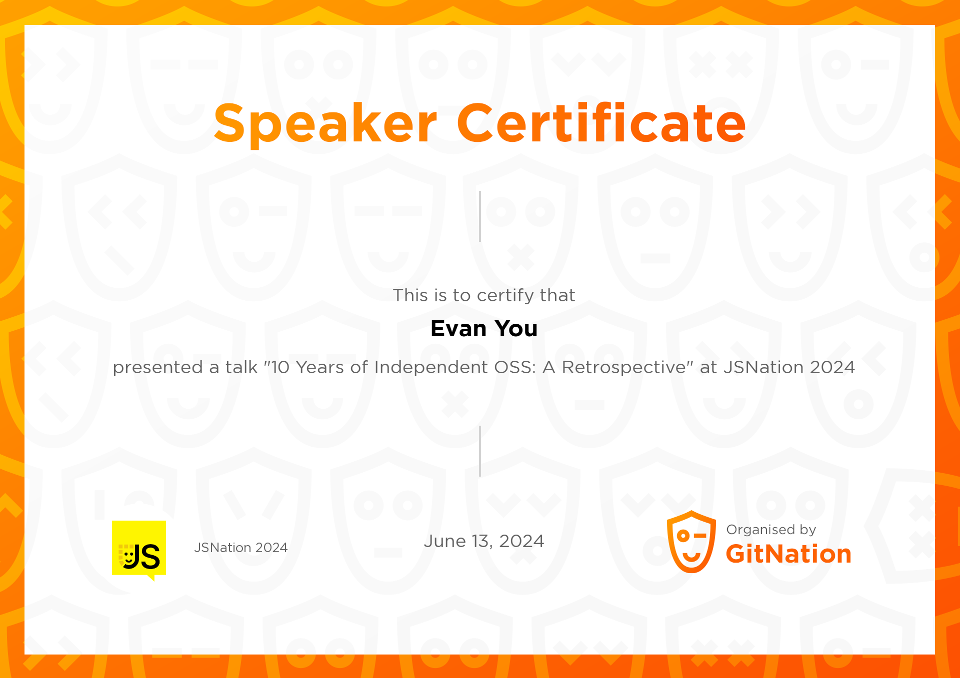 Evan You's Certificate from JS Nation