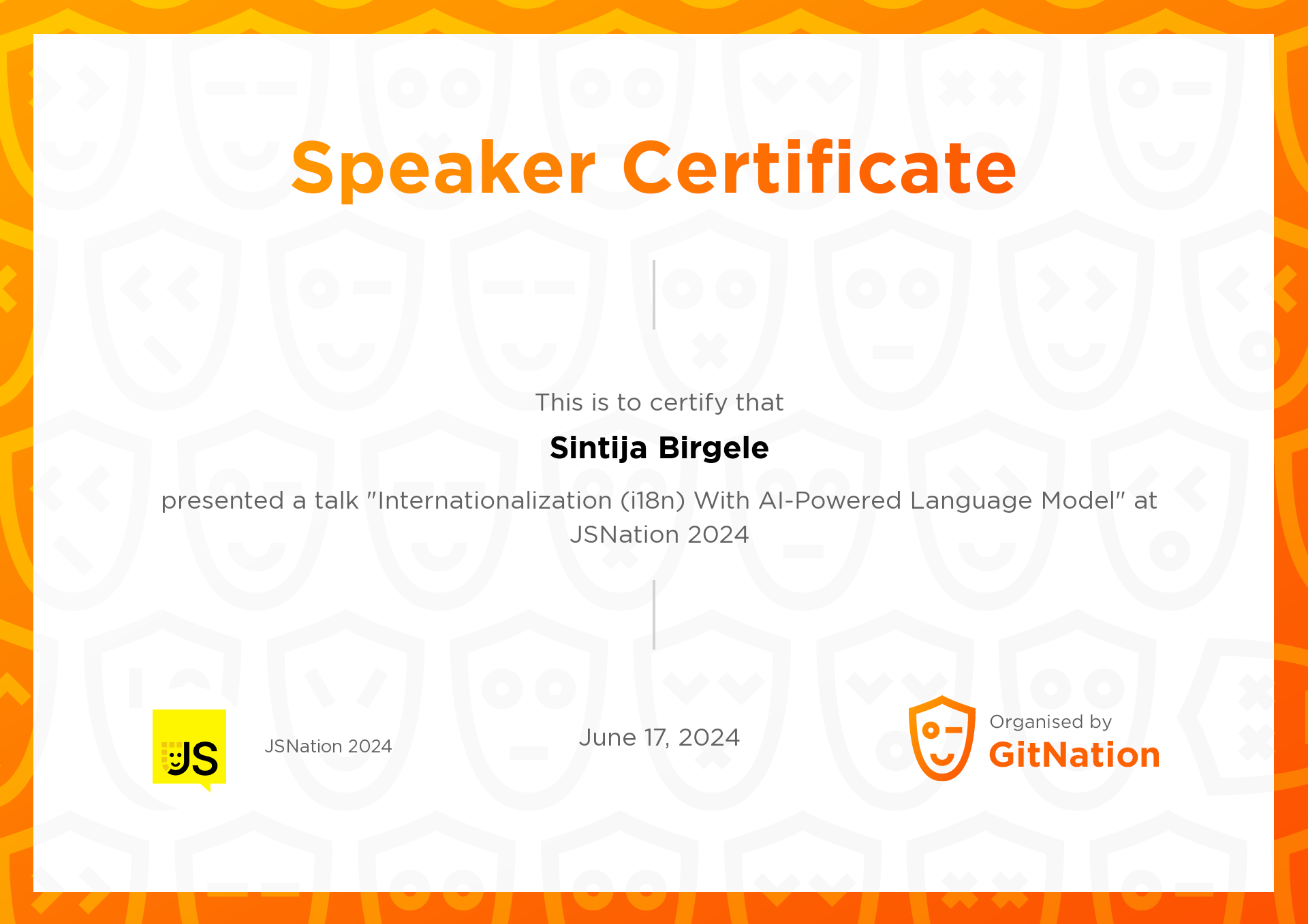 Sintija Birgele's Certificate from JS Nation