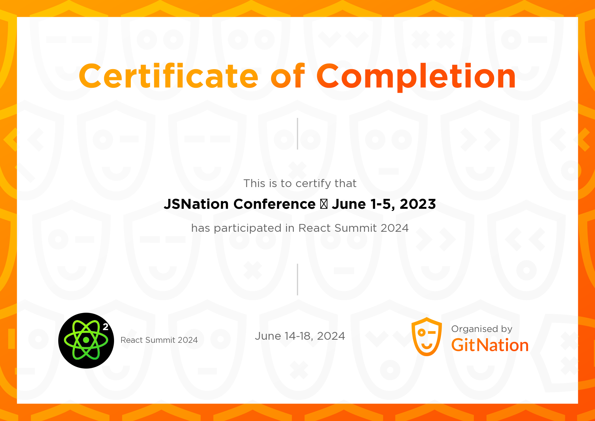 JSNation Conference 🗓 June 1-5, 2023's Certificate from React Summit