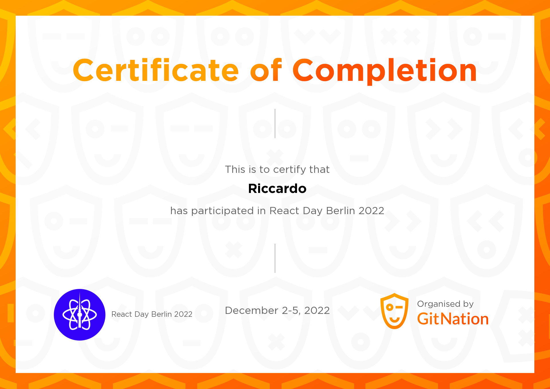 Riccardo's Certificate from React Day Berlin