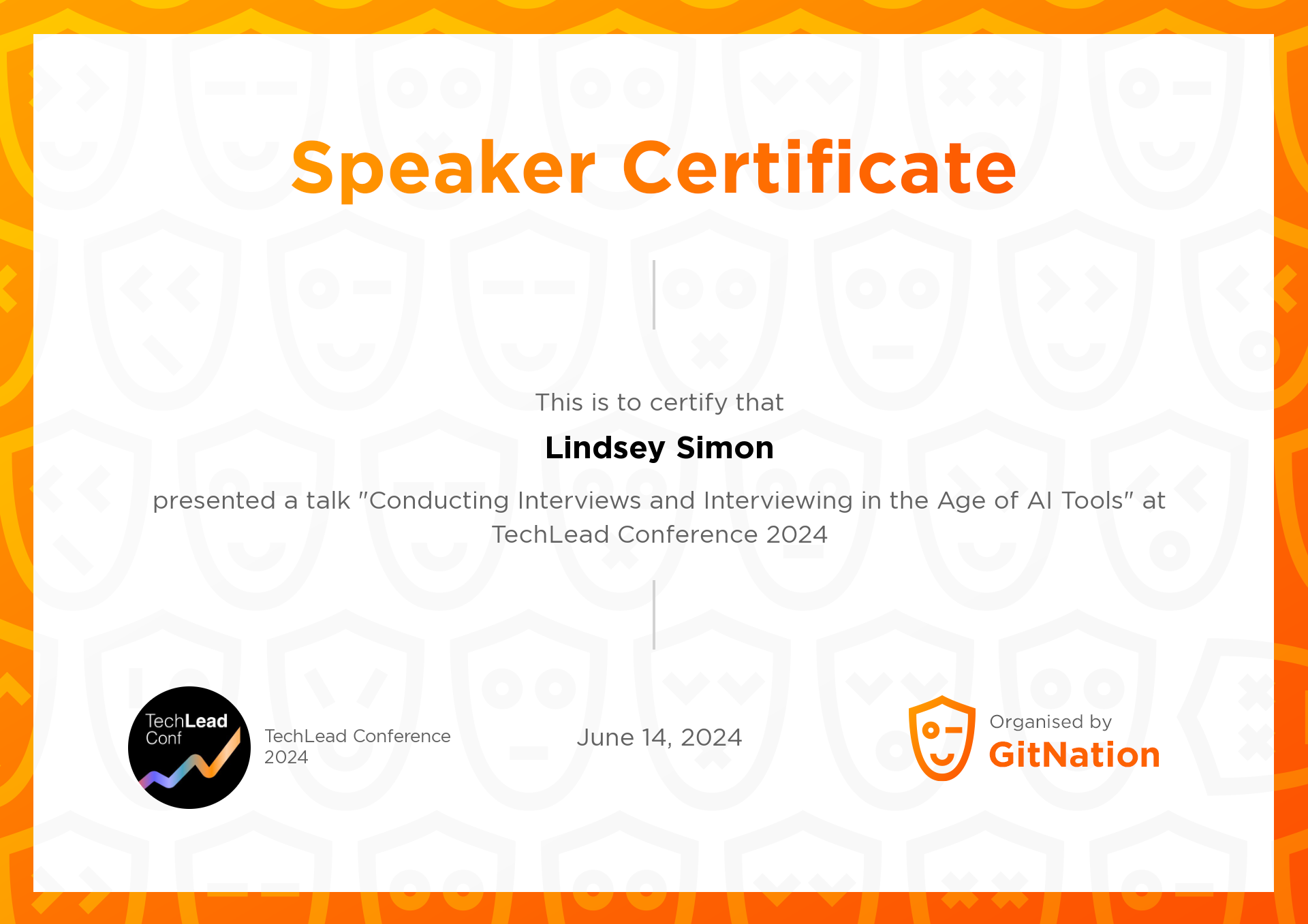 Lindsey Simon's Certificate from TechLead Conference