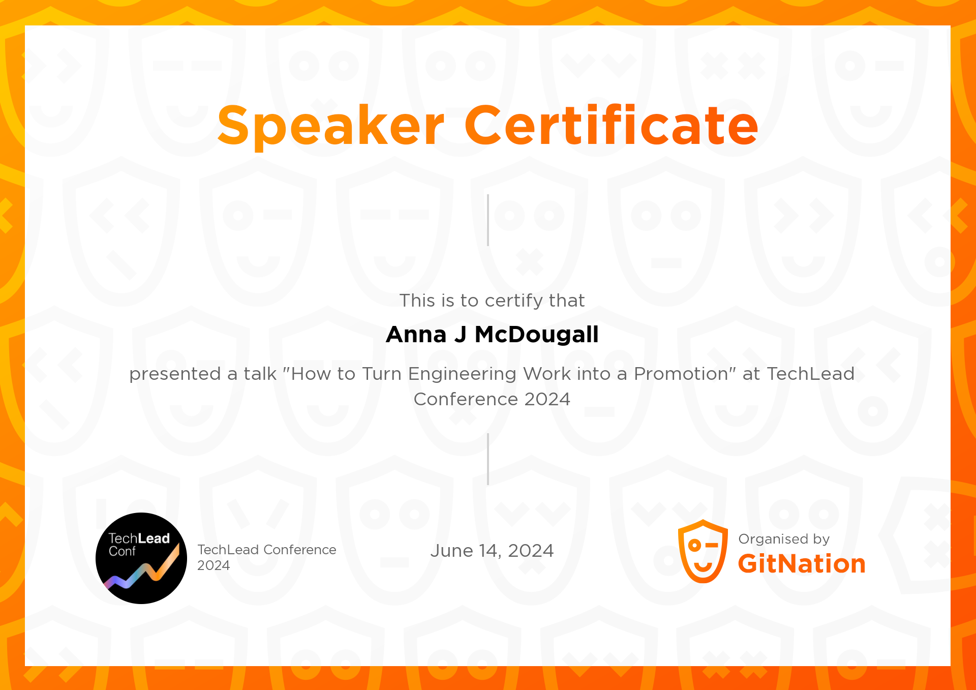 Anna J McDougall's Certificate from TechLead Conference