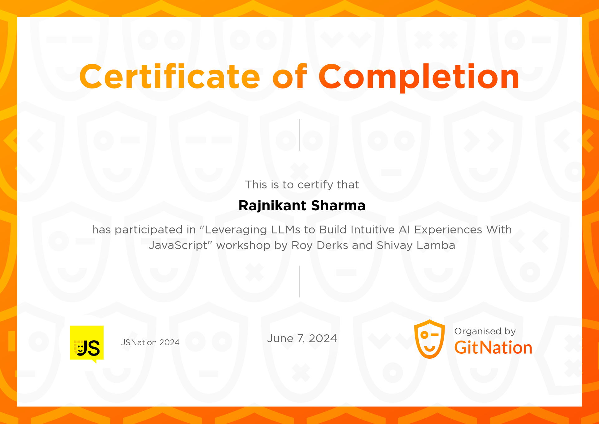 Rajnikant Sharma's Certificate from JS Nation