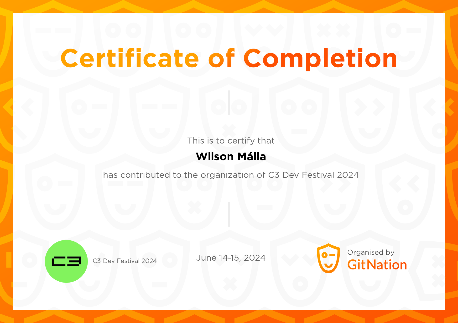 Wilson Mália's Certificate from C3 Dev Festival