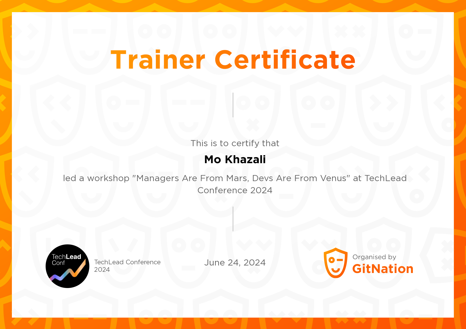 Mo Khazali's Certificate from TechLead Conference