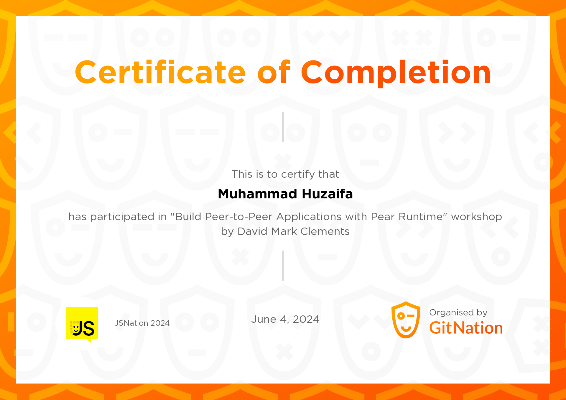 Muhammad Huzaifa's Certificate from JS Nation